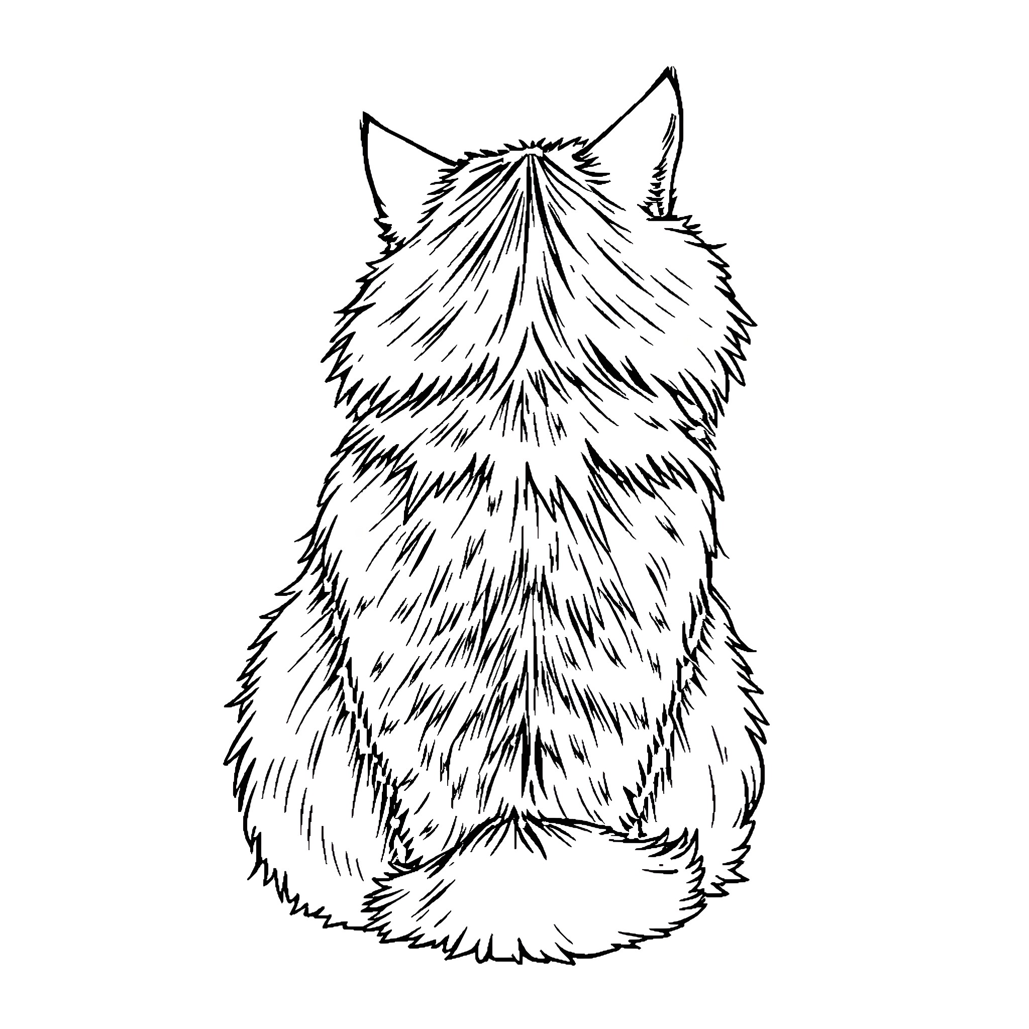 Cat with fluffy fur sitting in contemplation Coloring Page (free black-and-white line drawing printable PDF for all, from beginners to advanced learners, including children, teens, adults, and seniors)