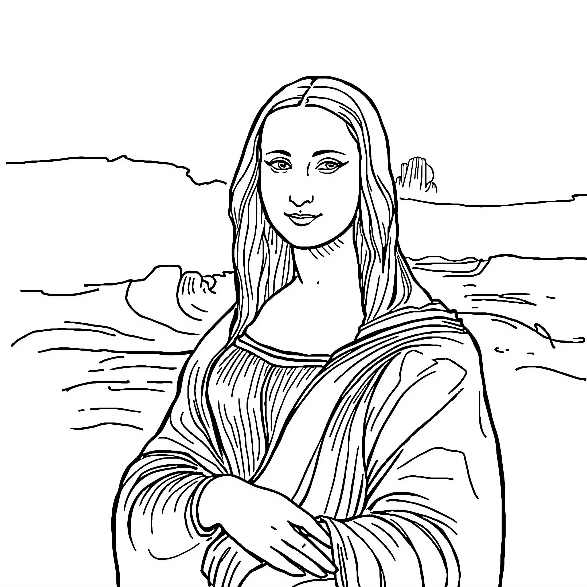 Mona Lisa's Pensive Pose in a Landscape Coloring Page (free black-and-white line drawing printable PDF for all, from beginners to advanced learners, including children, teens, adults, and seniors)