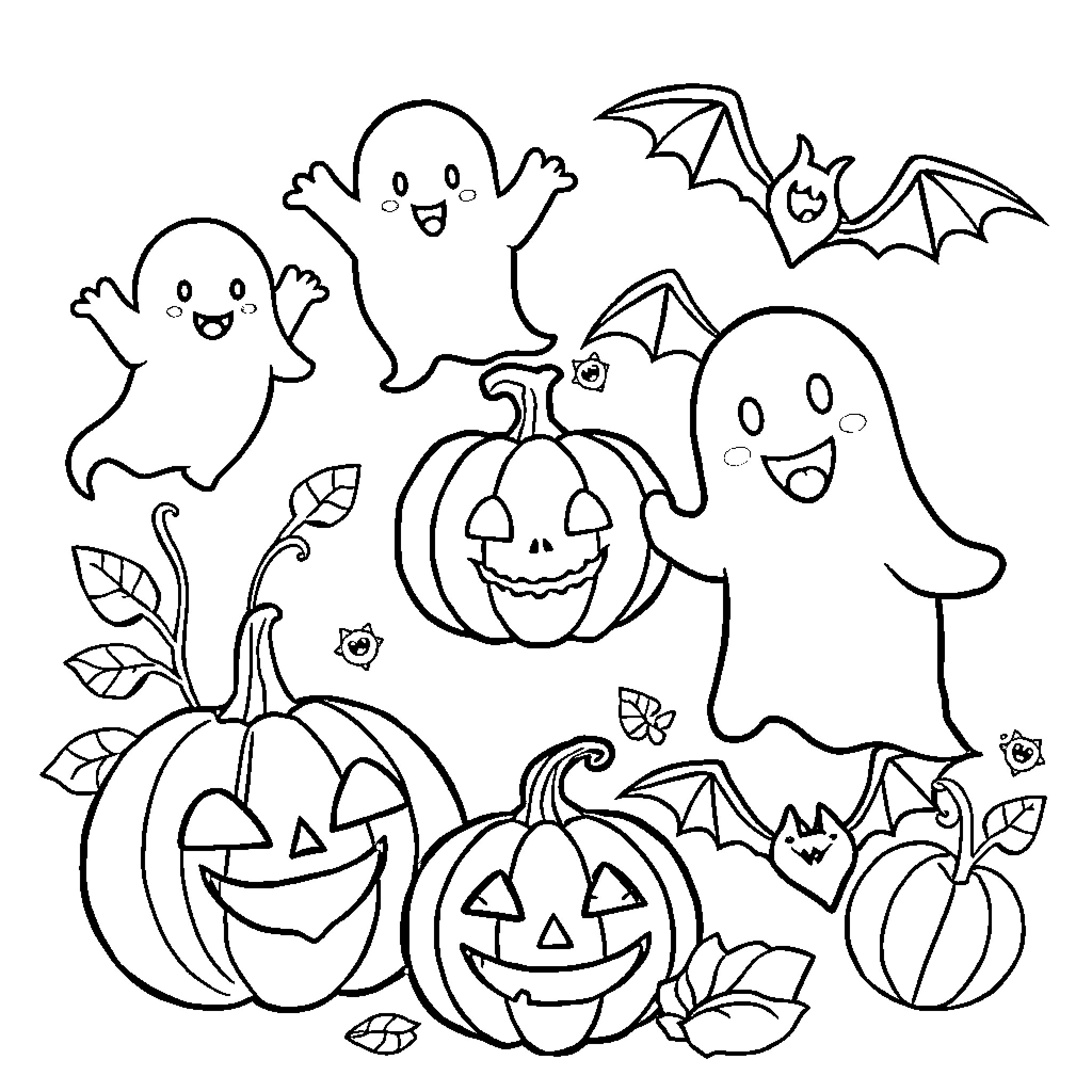 Halloween ghosts, pumpkins, and bats Coloring Page (free black-and-white line drawing printable PDF for all, from beginners to advanced learners, including children, teens, adults, and seniors)