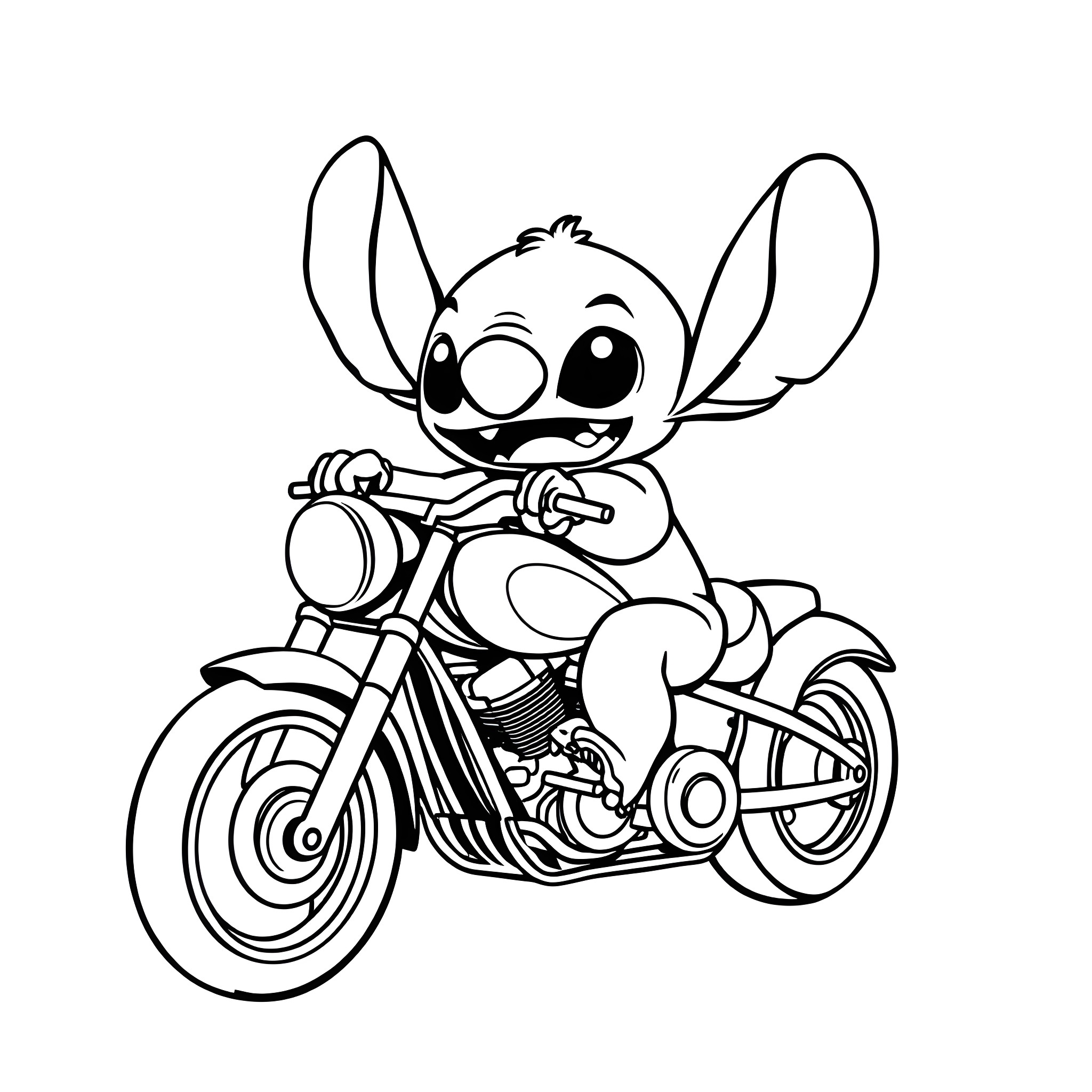 Stitch riding a motorcycle happily Coloring Page (free black-and-white line drawing printable PDF for all, from beginners to advanced learners, including children, teens, adults, and seniors)