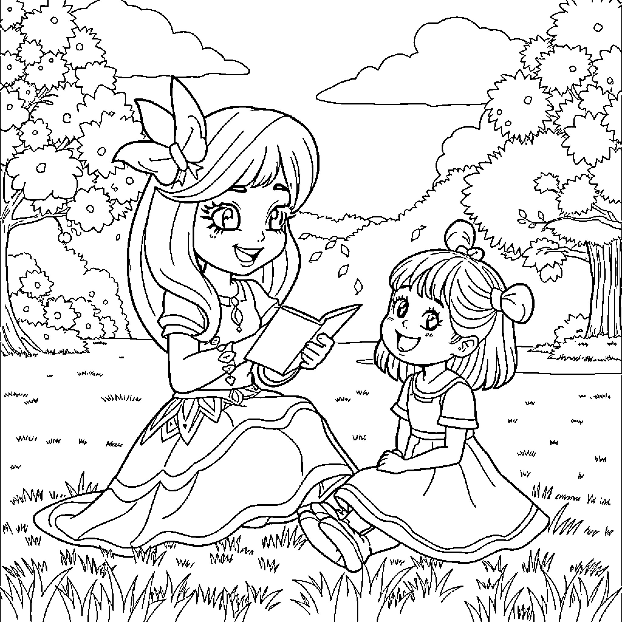 Huntrix Mira Sharing a Book with a Young Girl Coloring Page (free black-and-white line drawing printable PDF for all, from beginners to advanced learners, including children, teens, adults, and seniors)