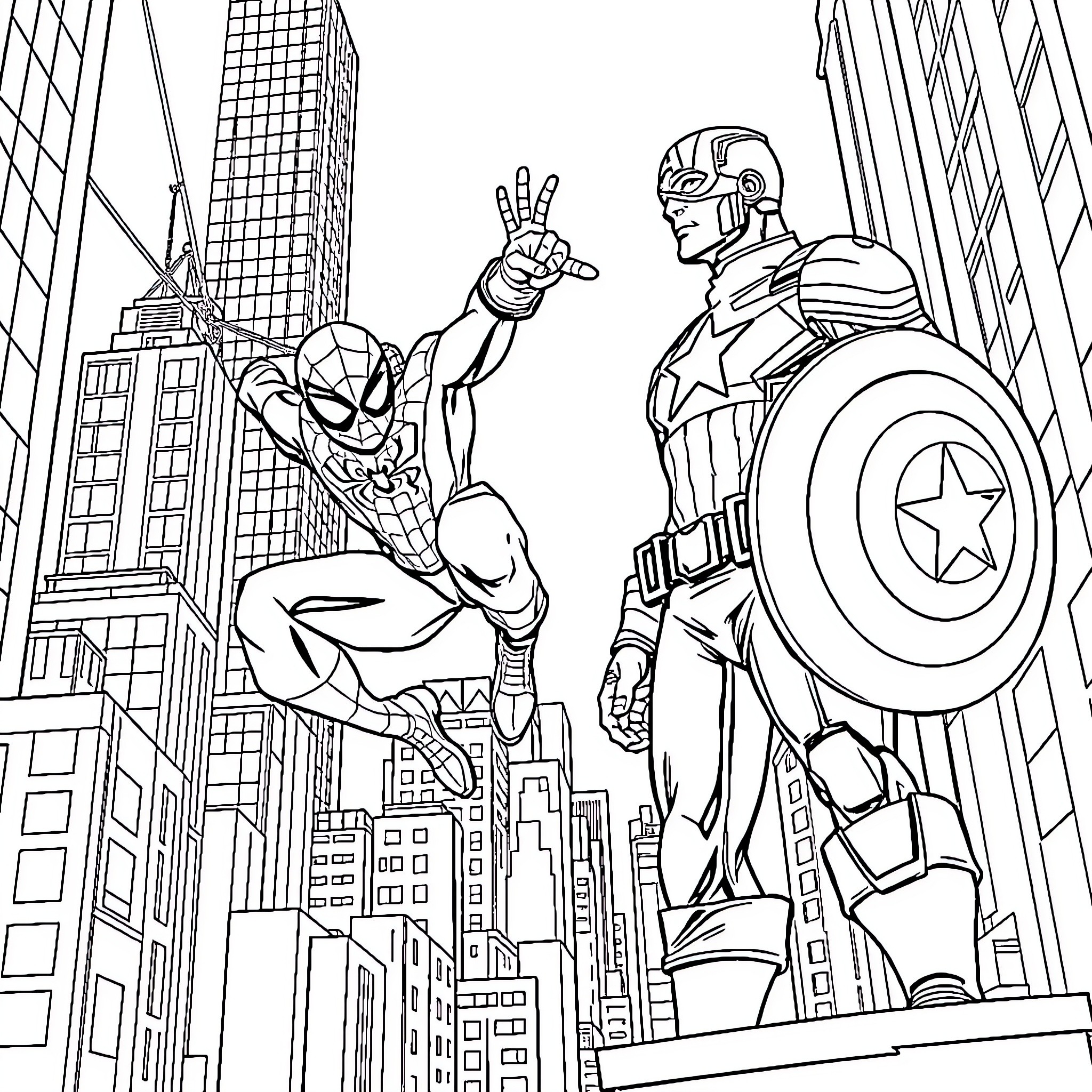 Spider-Man swinging through the city with Captain America Coloring Page (free black-and-white line drawing printable PDF for all, from beginners to advanced learners, including children, teens, adults, and seniors)