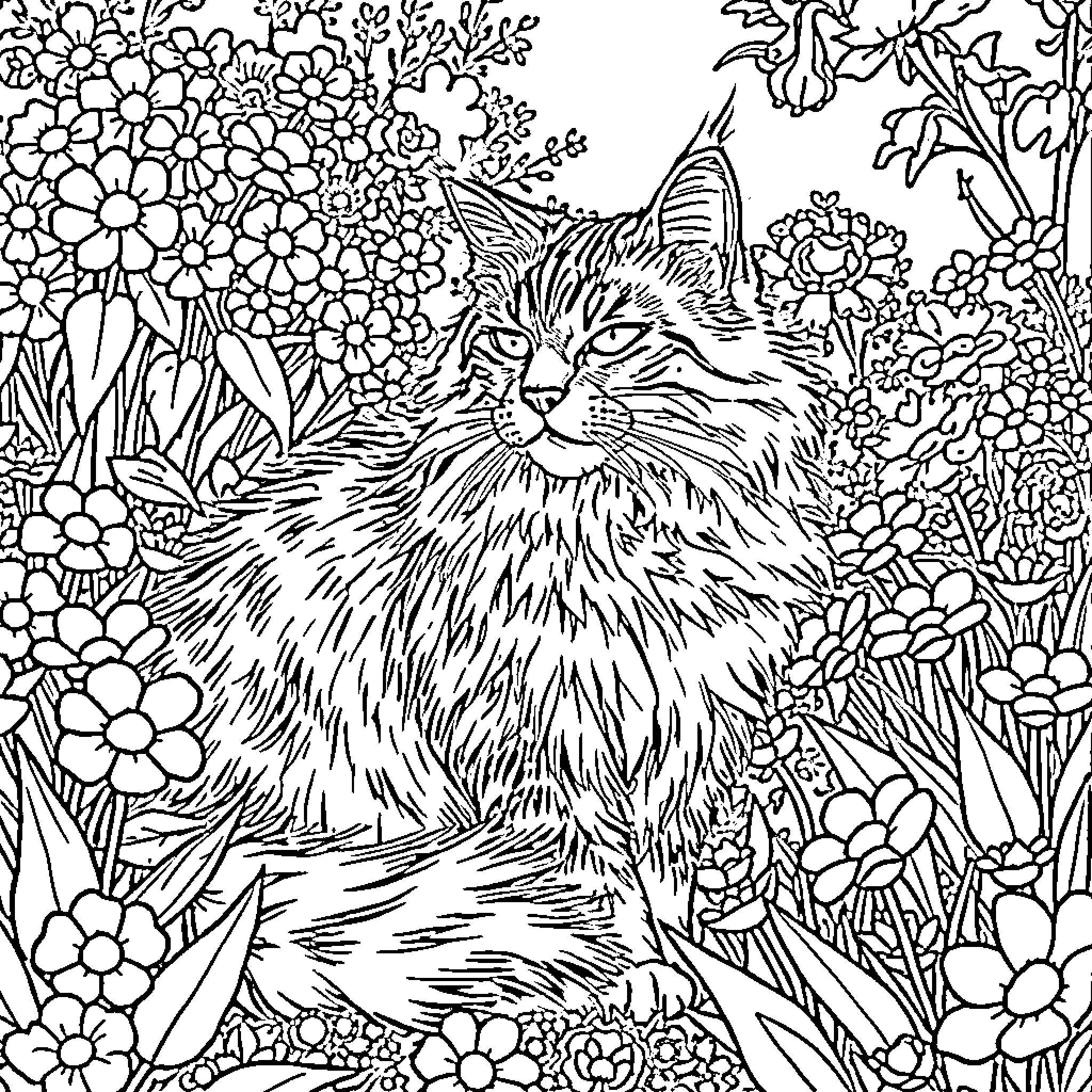 Maine Coon cat amid a floral garden Coloring Page (free black-and-white line drawing printable PDF for all, from beginners to advanced learners, including children, teens, adults, and seniors)