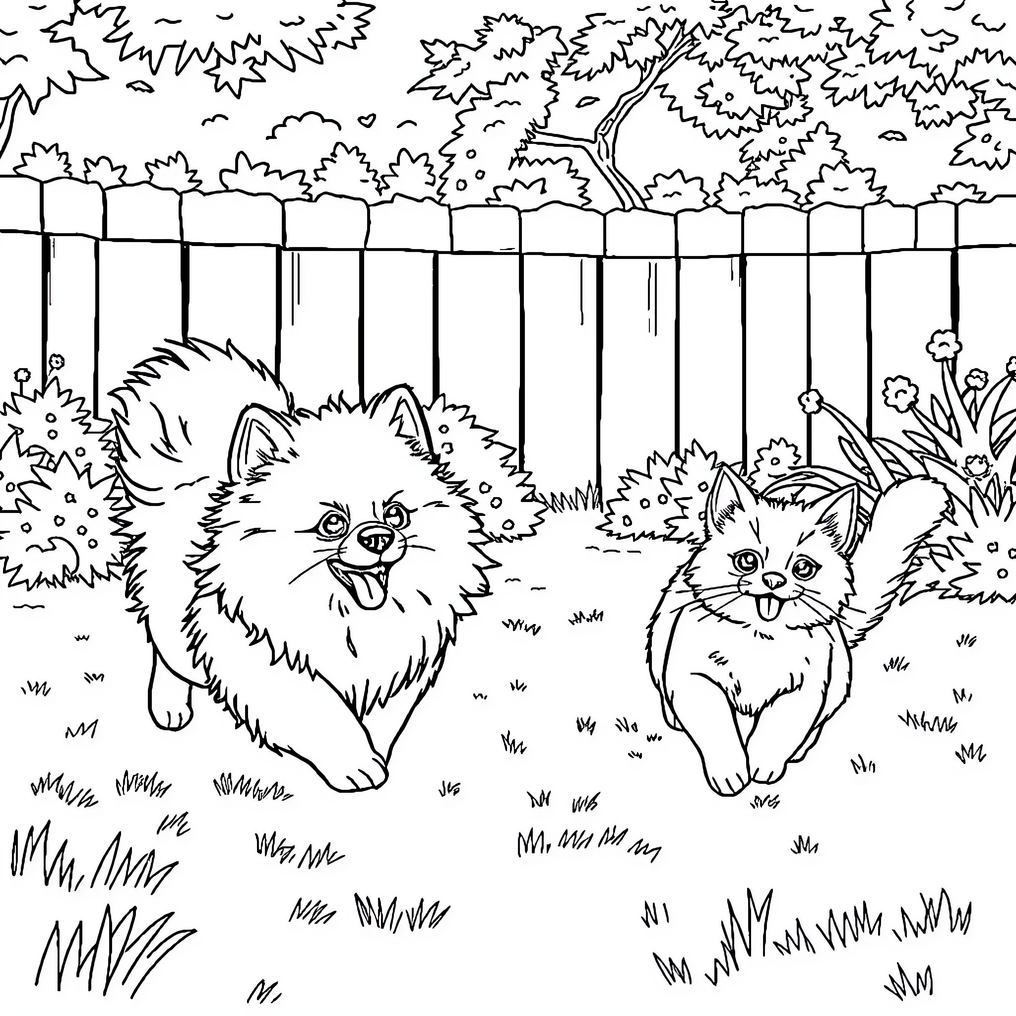 Dog and cat playing together in the backyard Coloring Page (free black-and-white line drawing printable PDF for all, from beginners to advanced learners, including children, teens, adults, and seniors)