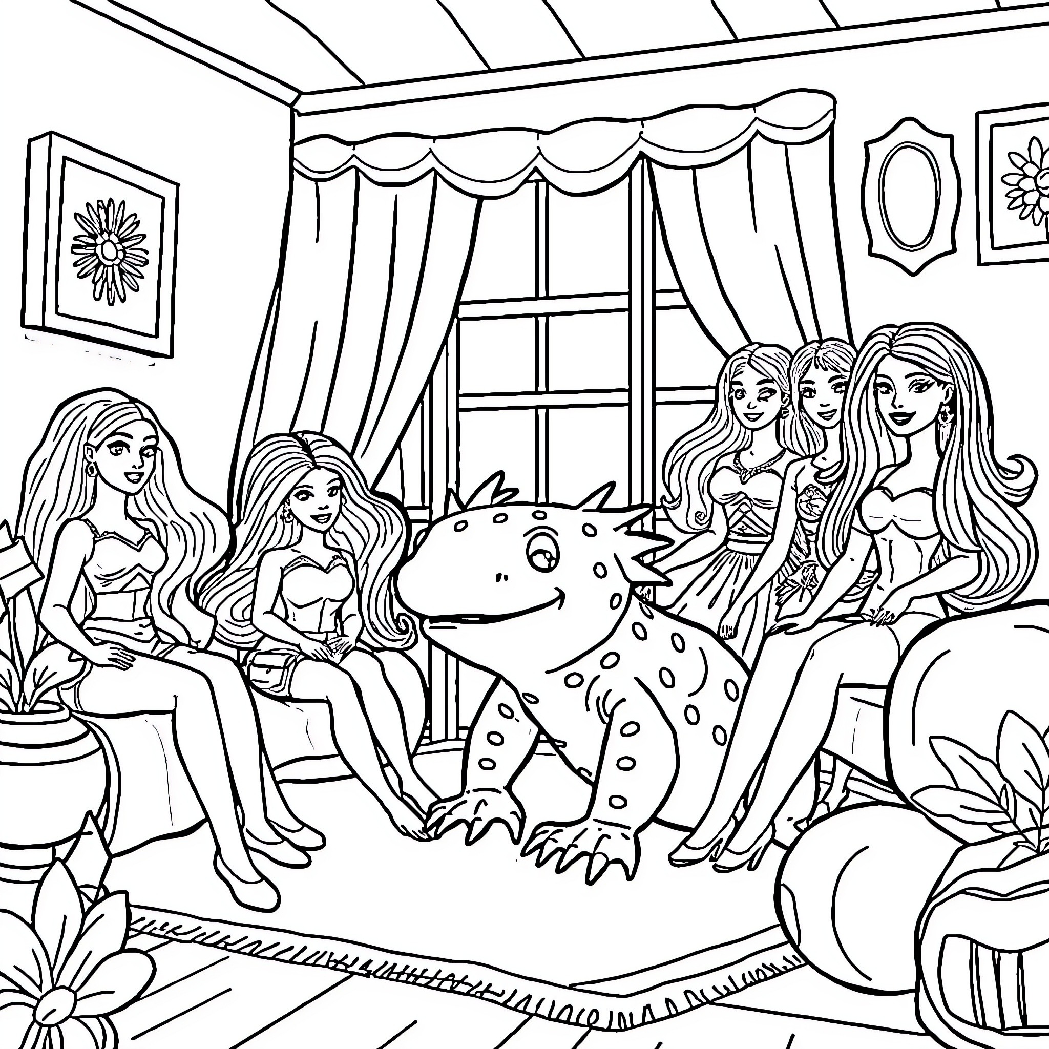 Axolotl interacting with a group of friends Coloring Page (free black-and-white line drawing printable PDF for all, from beginners to advanced learners, including children, teens, adults, and seniors)