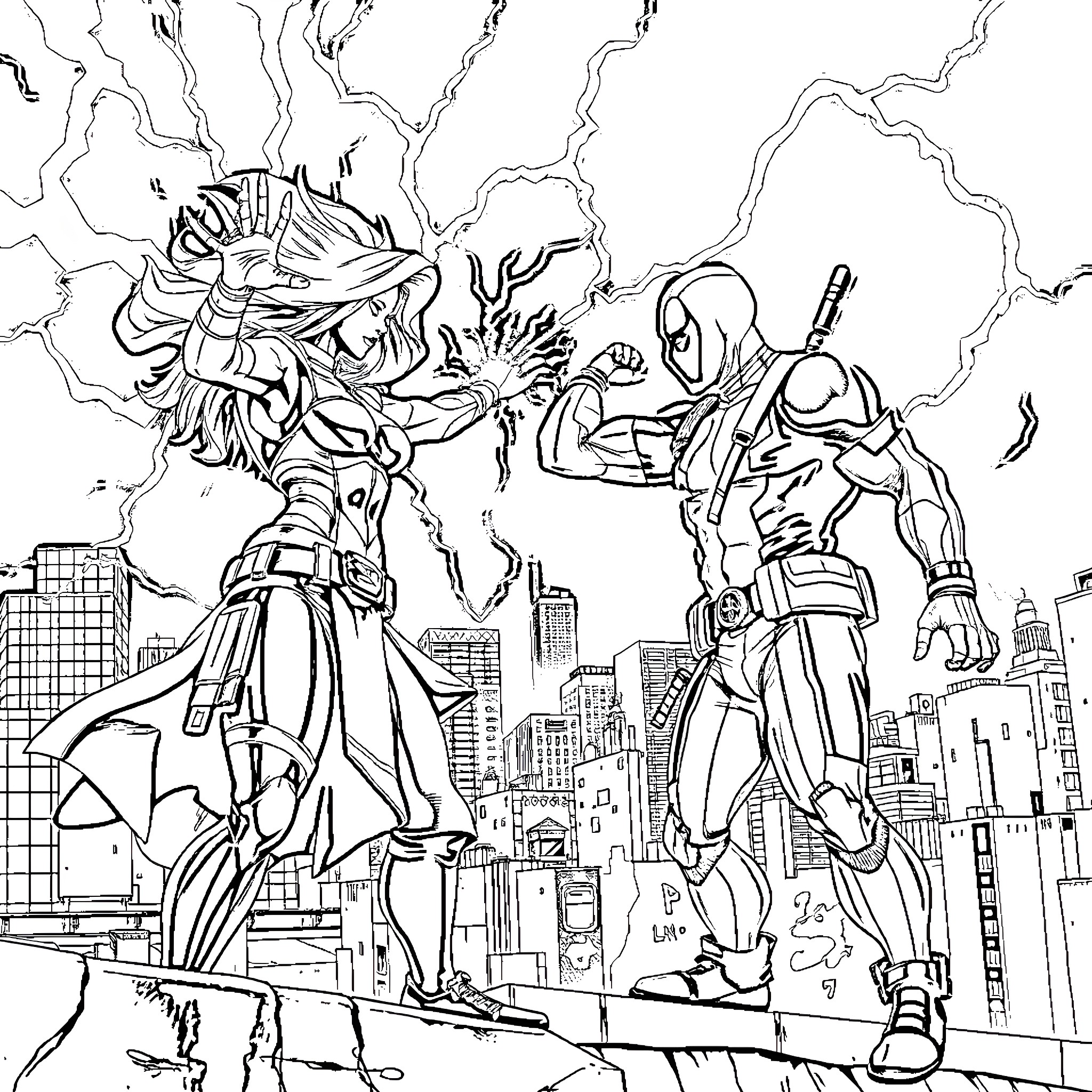 Deadpool battling a giant mutant creature in the city Coloring Page (free black-and-white line drawing printable PDF for all, from beginners to advanced learners, including children, teens, adults, and seniors)