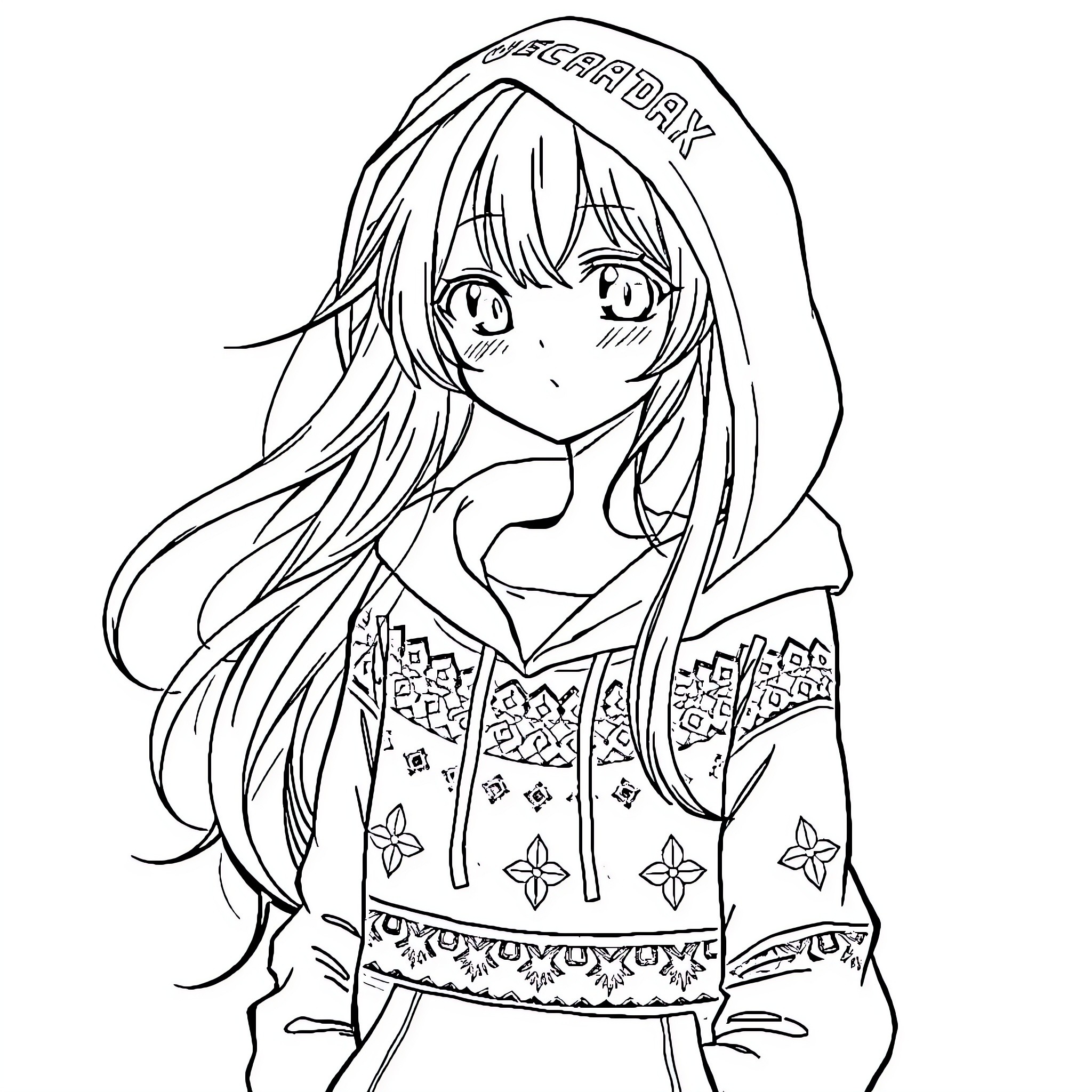 Anime Girl in Intricate Patterned Hoodie Coloring Page (free black-and-white line drawing printable PDF for all, from beginners to advanced learners, including children, teens, adults, and seniors)