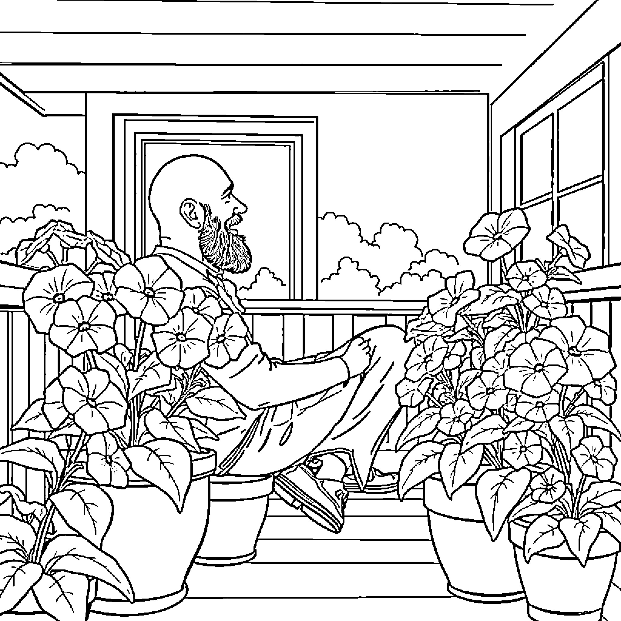 Man tending to his colorful flower garden Coloring Page (free black-and-white line drawing printable PDF for all, from beginners to advanced learners, including children, teens, adults, and seniors)