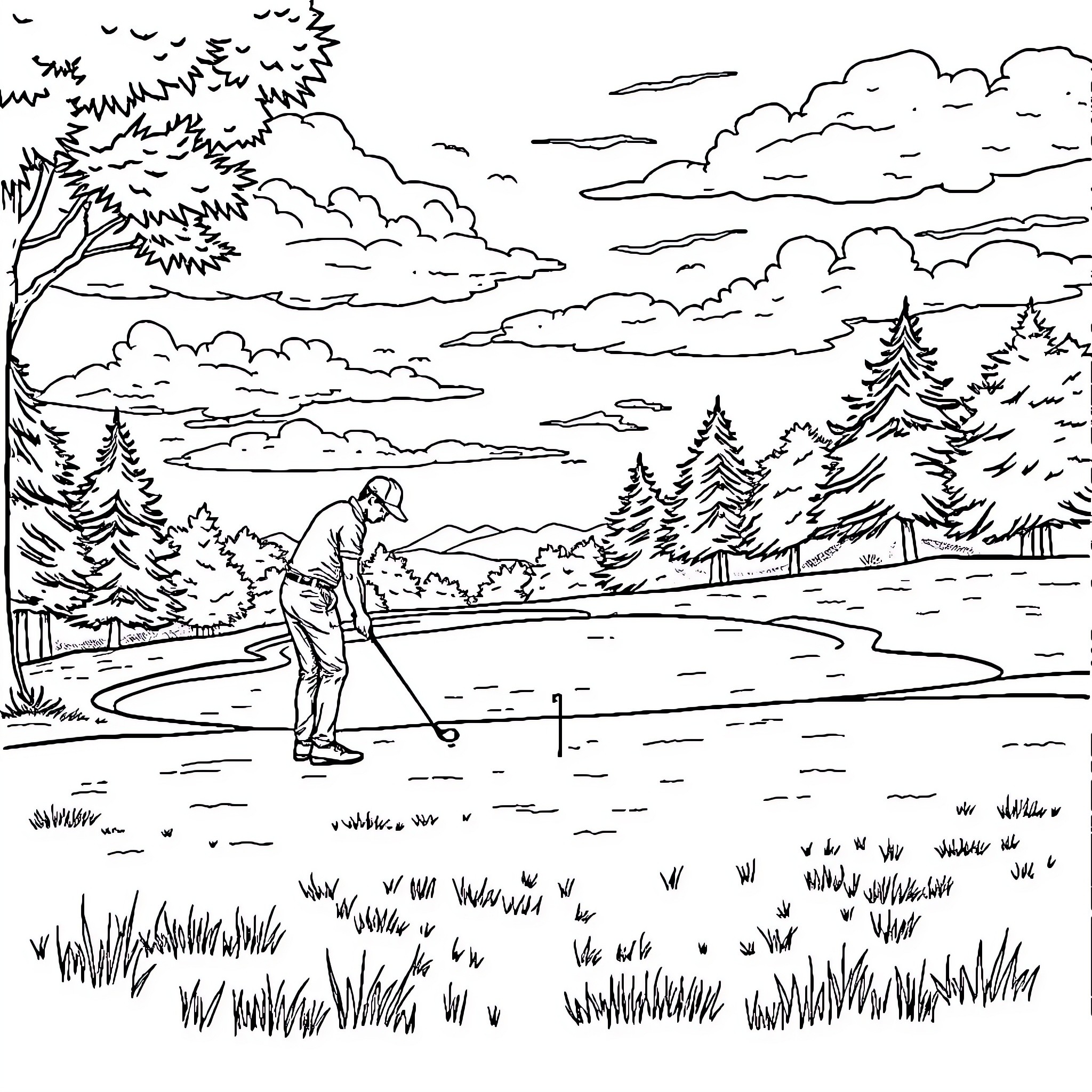 Golfer playing on scenic course surrounded by trees and clouds Coloring Page (free black-and-white line drawing printable PDF for all, from beginners to advanced learners, including children, teens, adults, and seniors)