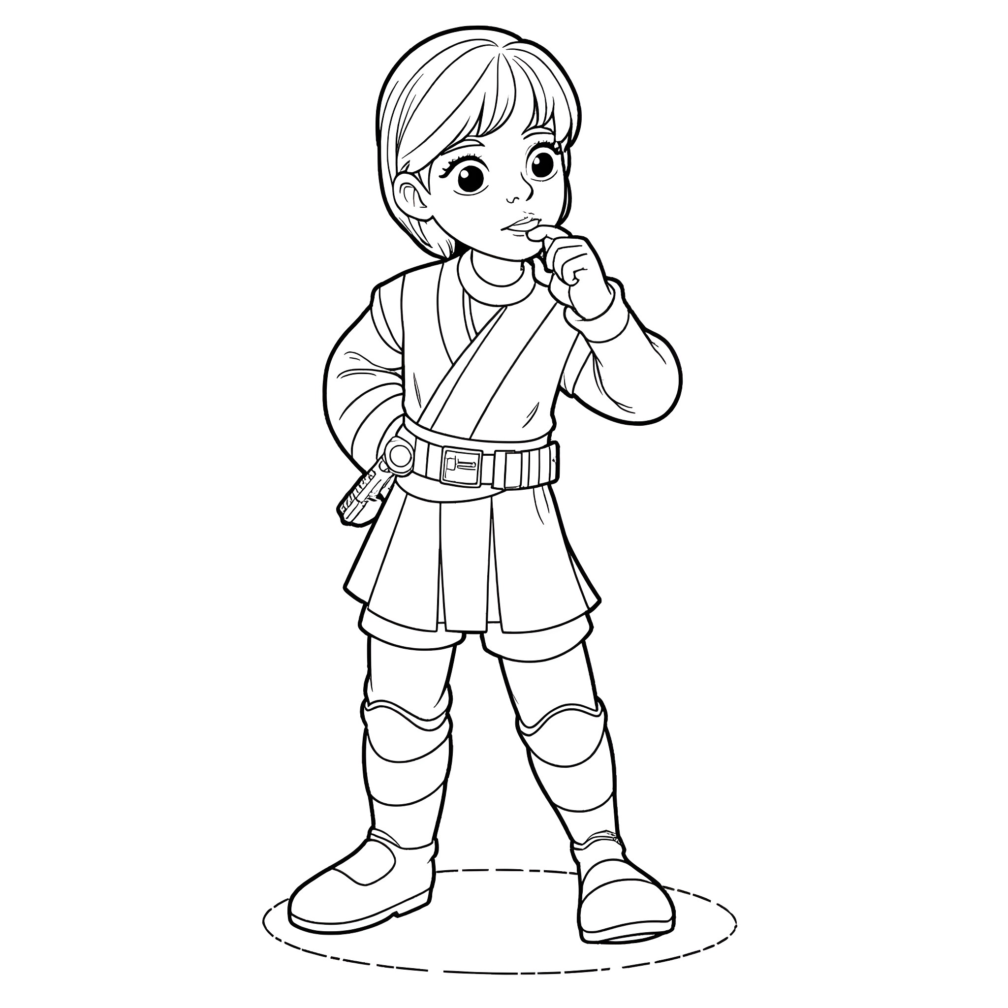 Luke Skywalker contemplating his destiny as a Jedi Coloring Page (free black-and-white line drawing printable PDF for all, from beginners to advanced learners, including children, teens, adults, and seniors)