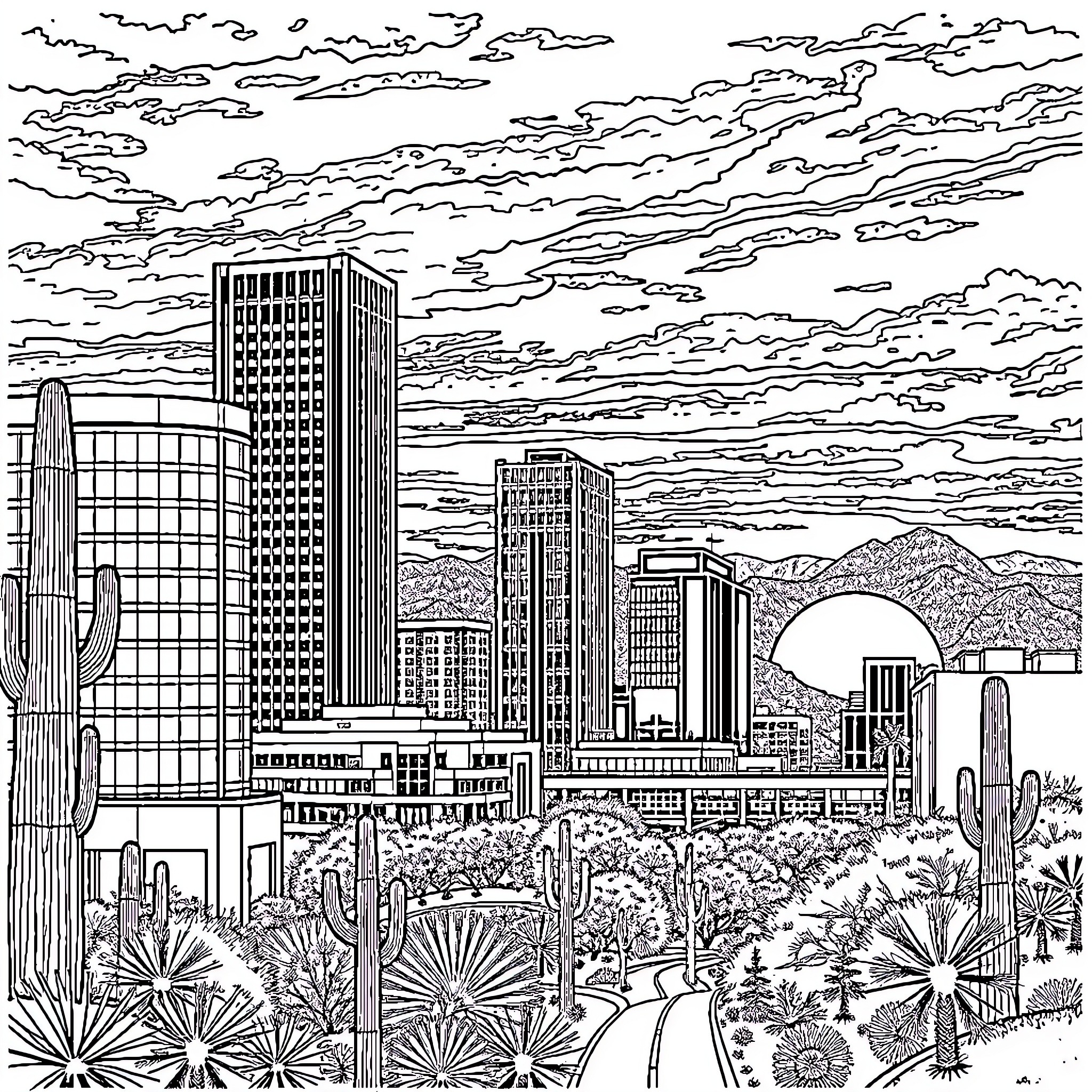 Tucson city skyline with desert landscape Coloring Page (free black-and-white line drawing printable PDF for all, from beginners to advanced learners, including children, teens, adults, and seniors)