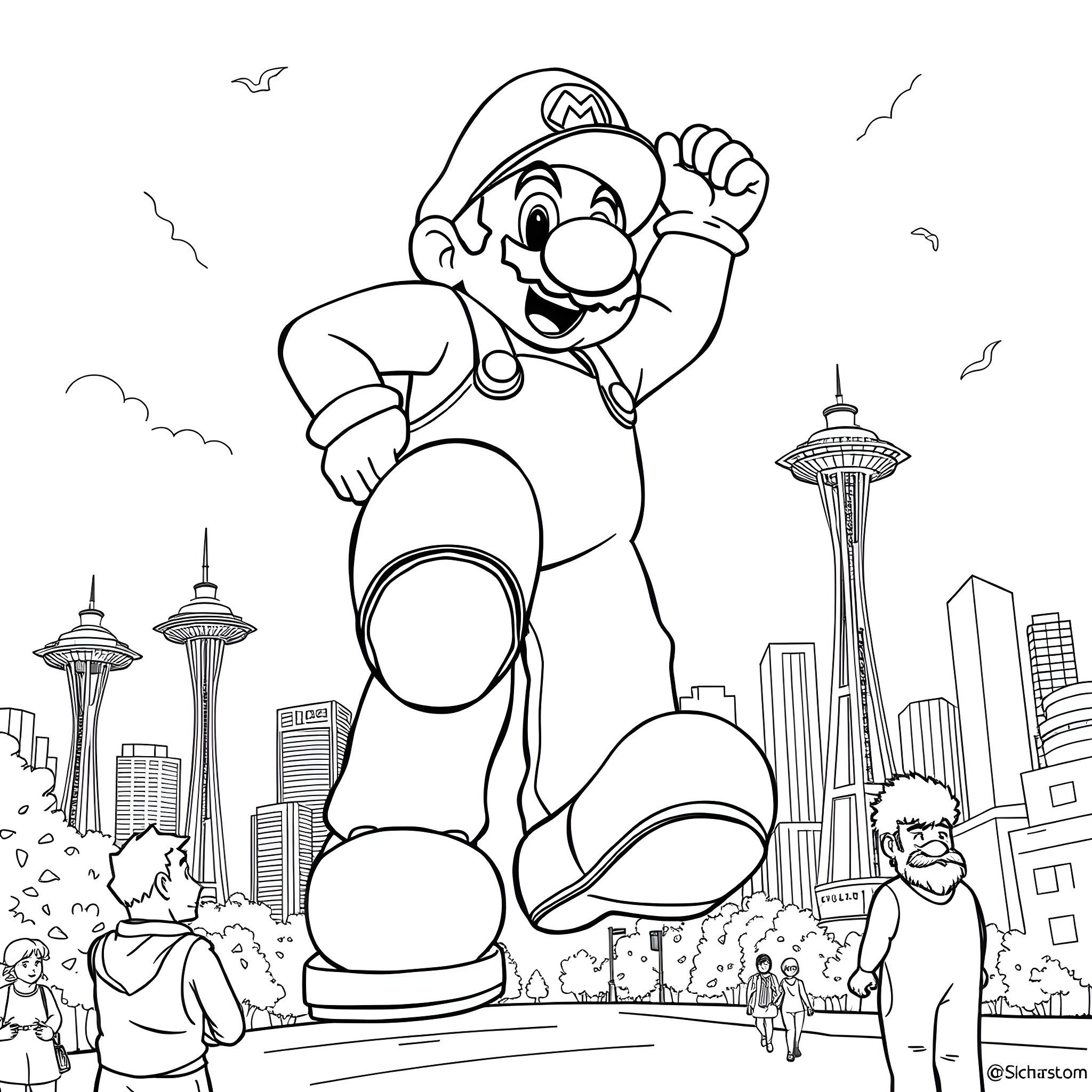 Mario happily jumping in the city Coloring Page (free black-and-white line drawing printable PDF for all, from beginners to advanced learners, including children, teens, adults, and seniors)