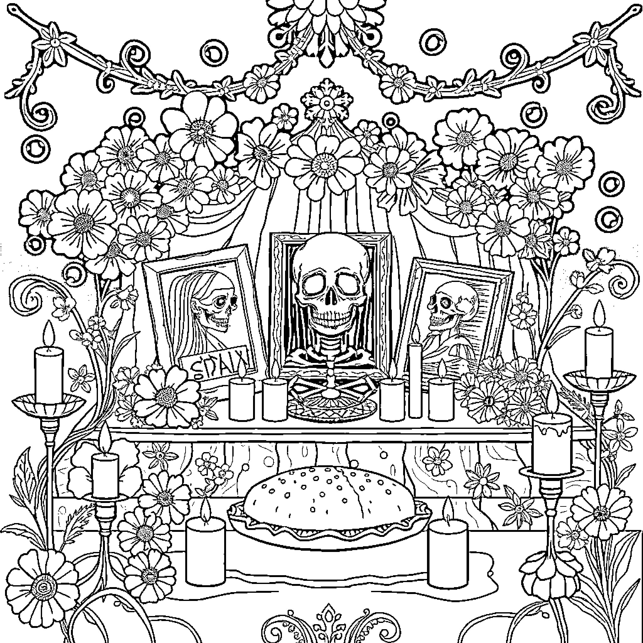 Altar of Flowers and Skeletons Coloring Page (free black-and-white line drawing printable PDF for all, from beginners to advanced learners, including children, teens, adults, and seniors)