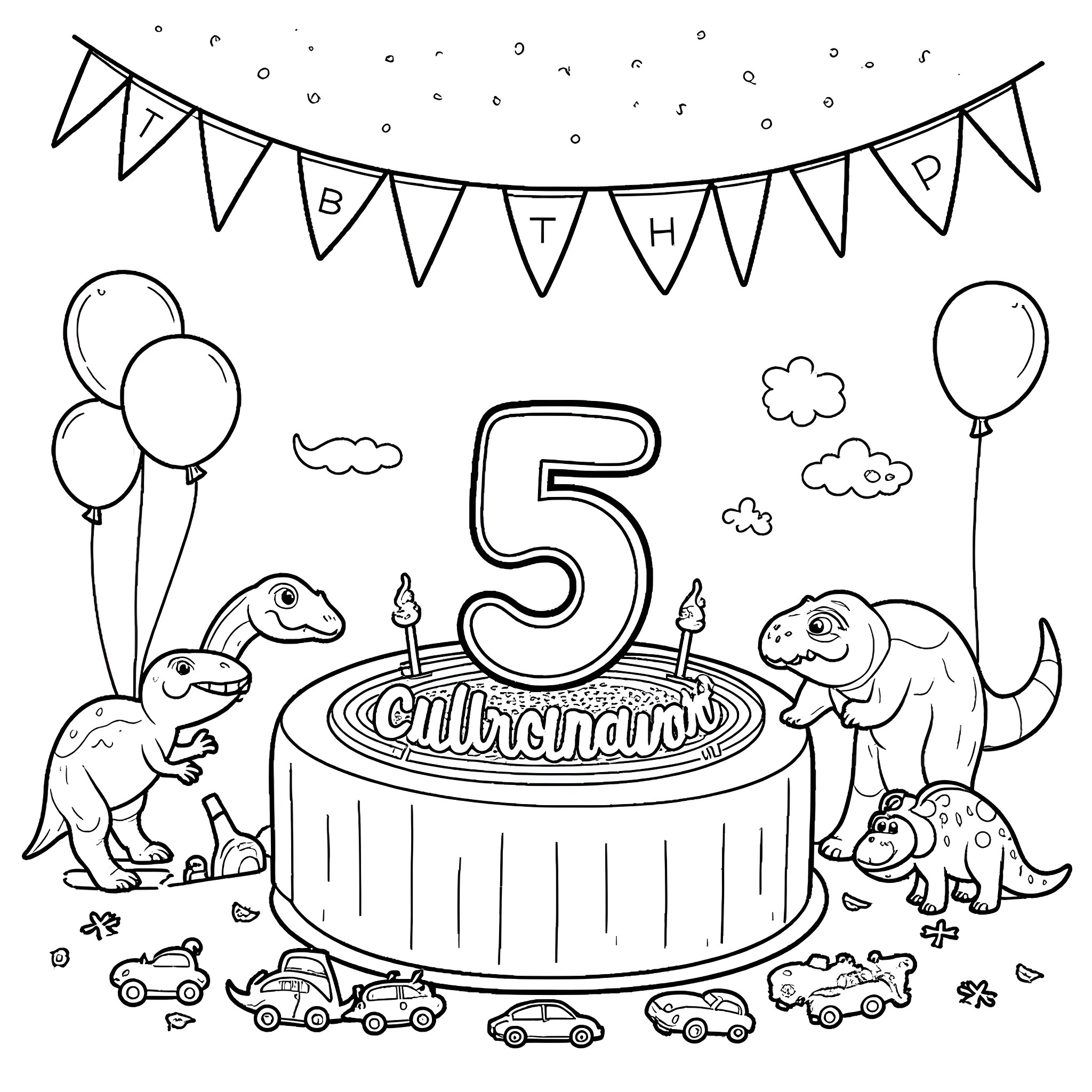 Dinosaur's 5th Birthday Party Coloring Page (free black-and-white line drawing printable PDF for all, from beginners to advanced learners, including children, teens, adults, and seniors)