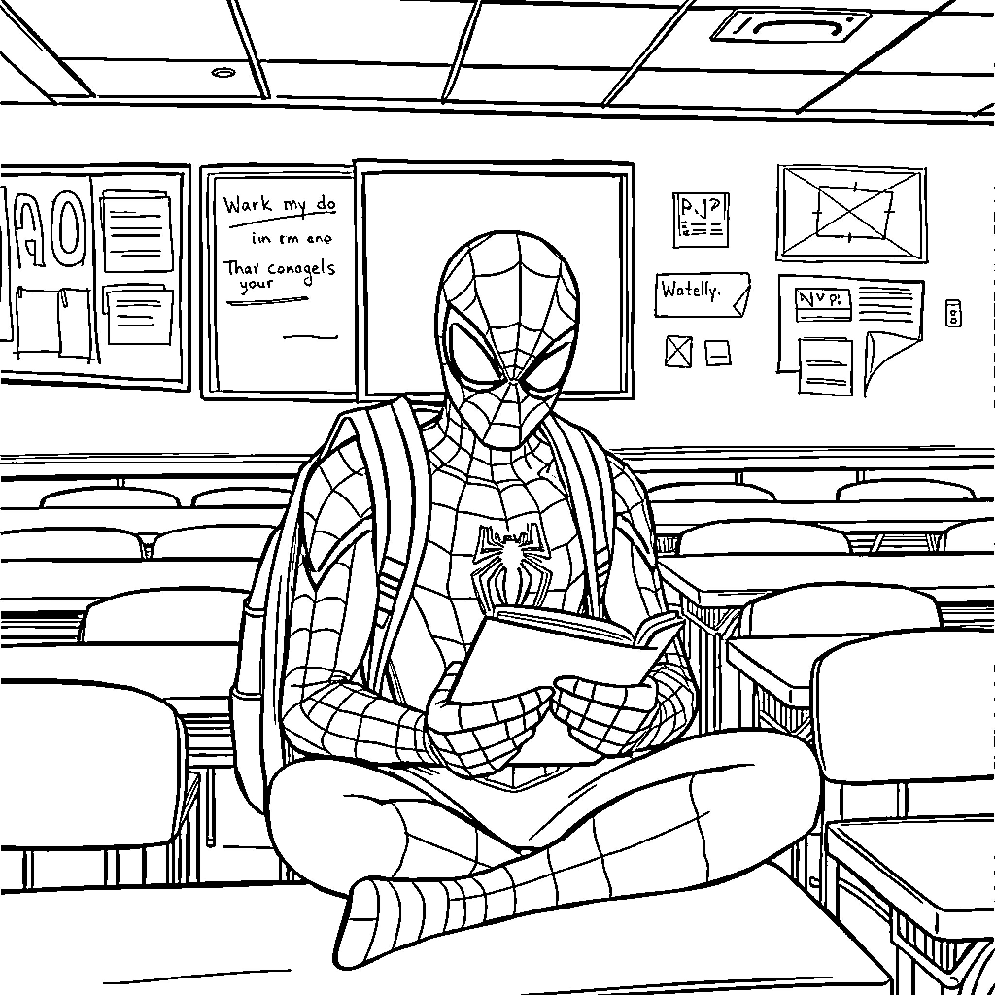 Spider-Man studying and working in a classroom Coloring Page (free black-and-white line drawing printable PDF for all, from beginners to advanced learners, including children, teens, adults, and seniors)
