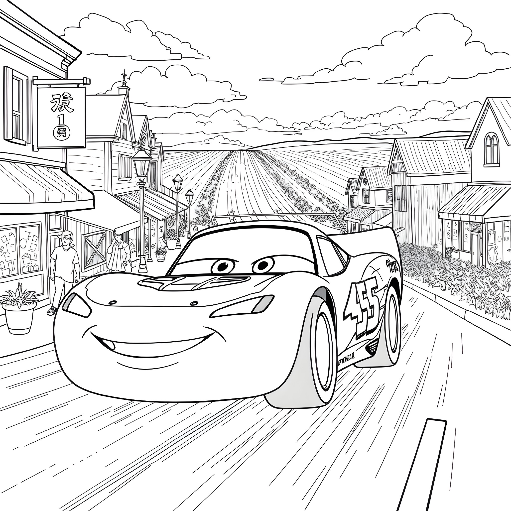 Lightening McQueen racing down the road in a small town Coloring Page (free black-and-white line drawing printable PDF for all, from beginners to advanced learners, including children, teens, adults, and seniors)