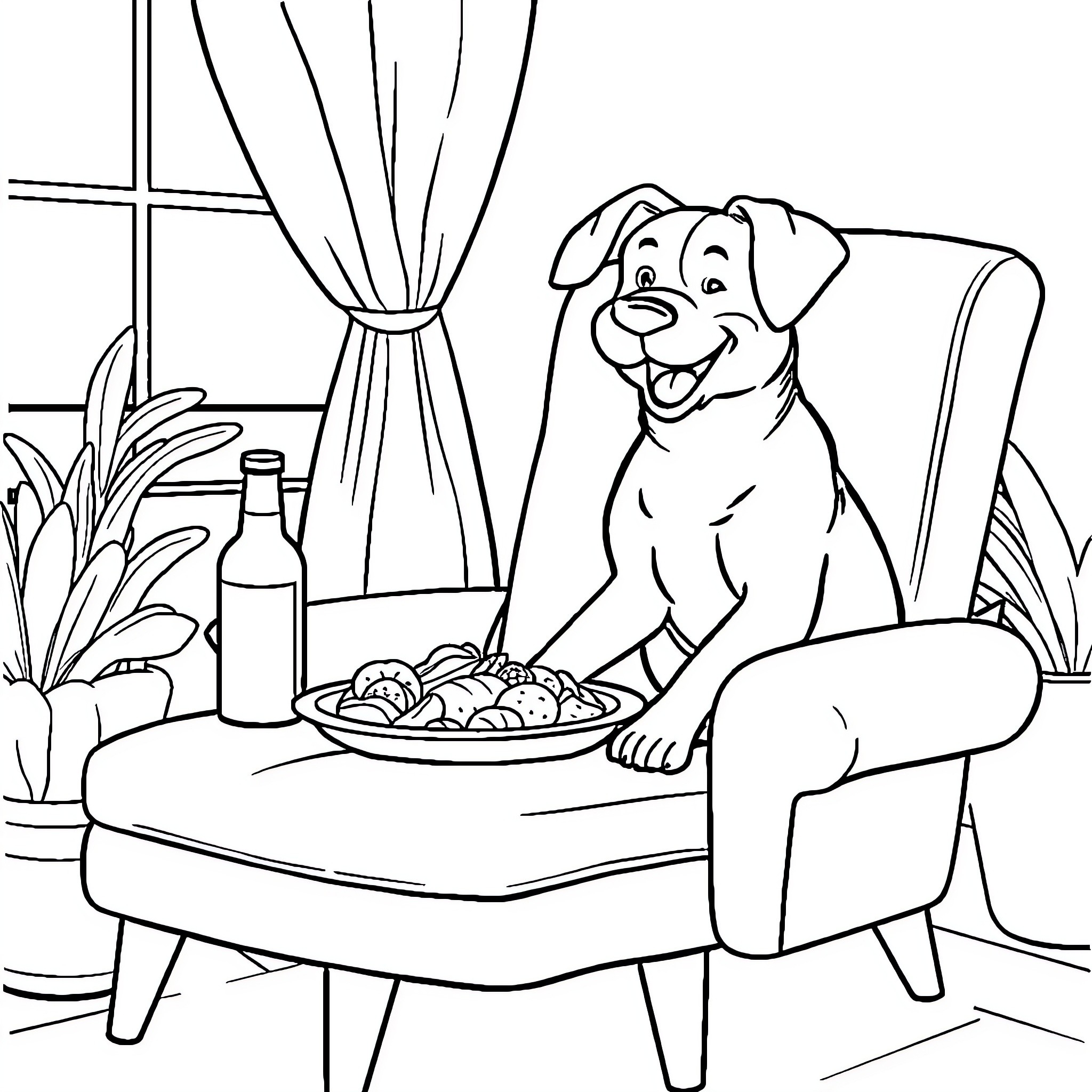 Dog enjoying snacks in cozy indoor setting Coloring Page (free black-and-white line drawing printable PDF for all, from beginners to advanced learners, including children, teens, adults, and seniors)