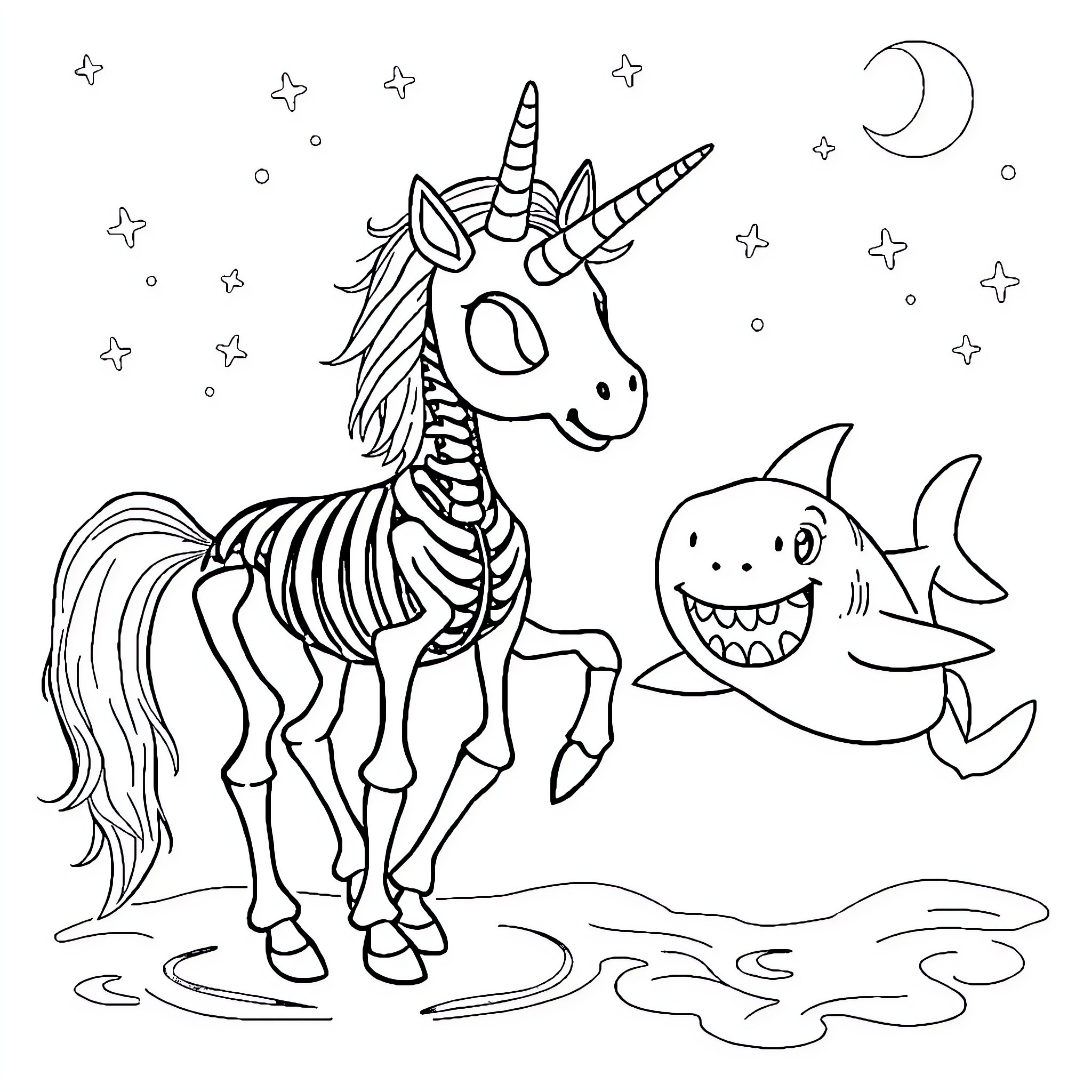 Unicorn and Shark Encounter in Starry Night Coloring Page (free black-and-white line drawing printable PDF for all, from beginners to advanced learners, including children, teens, adults, and seniors)