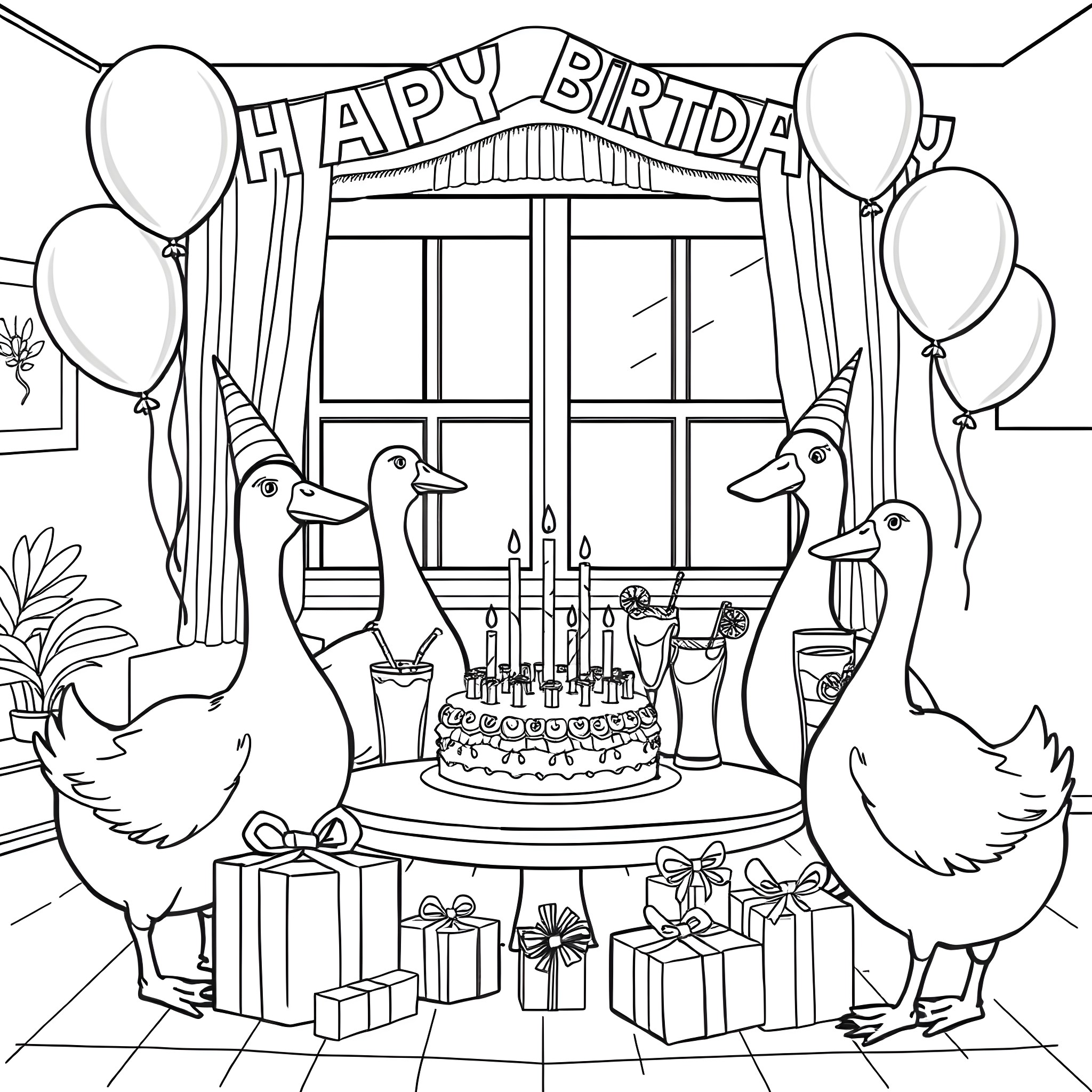 Goose celebrating a happy birthday party Coloring Page (free black-and-white line drawing printable PDF for all, from beginners to advanced learners, including children, teens, adults, and seniors)
