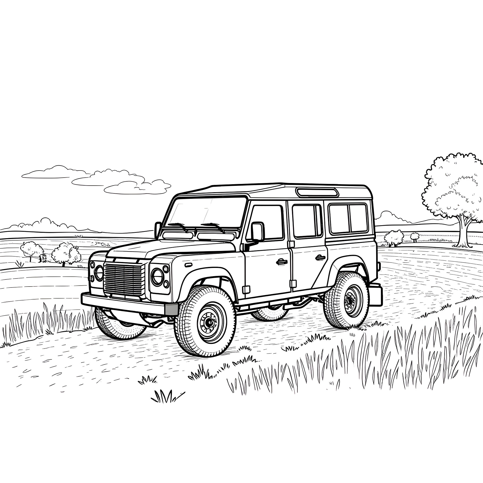 Farm Vehicle on Countryside Road Coloring Page (free black-and-white line drawing printable PDF for all, from beginners to advanced learners, including children, teens, adults, and seniors)