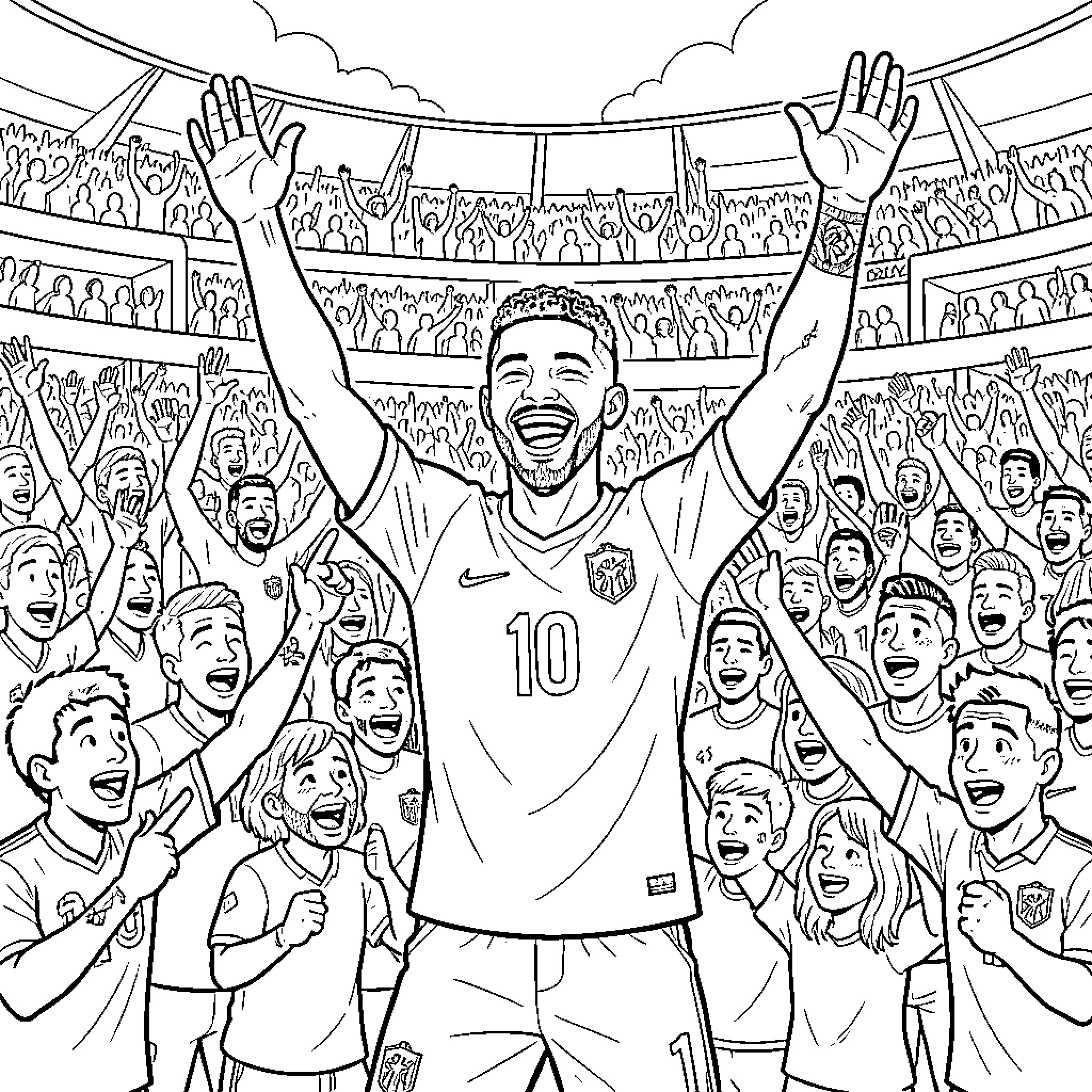 Neymar celebrates among excited fans in the stadium Coloring Page (free black-and-white line drawing printable PDF for all, from beginners to advanced learners, including children, teens, adults, and seniors)