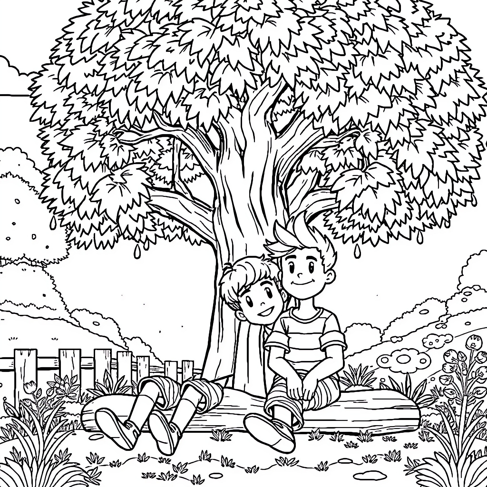 Character enjoying tranquil outdoor setting with a friend Coloring Page (free black-and-white line drawing printable PDF for all, from beginners to advanced learners, including children, teens, adults, and seniors)