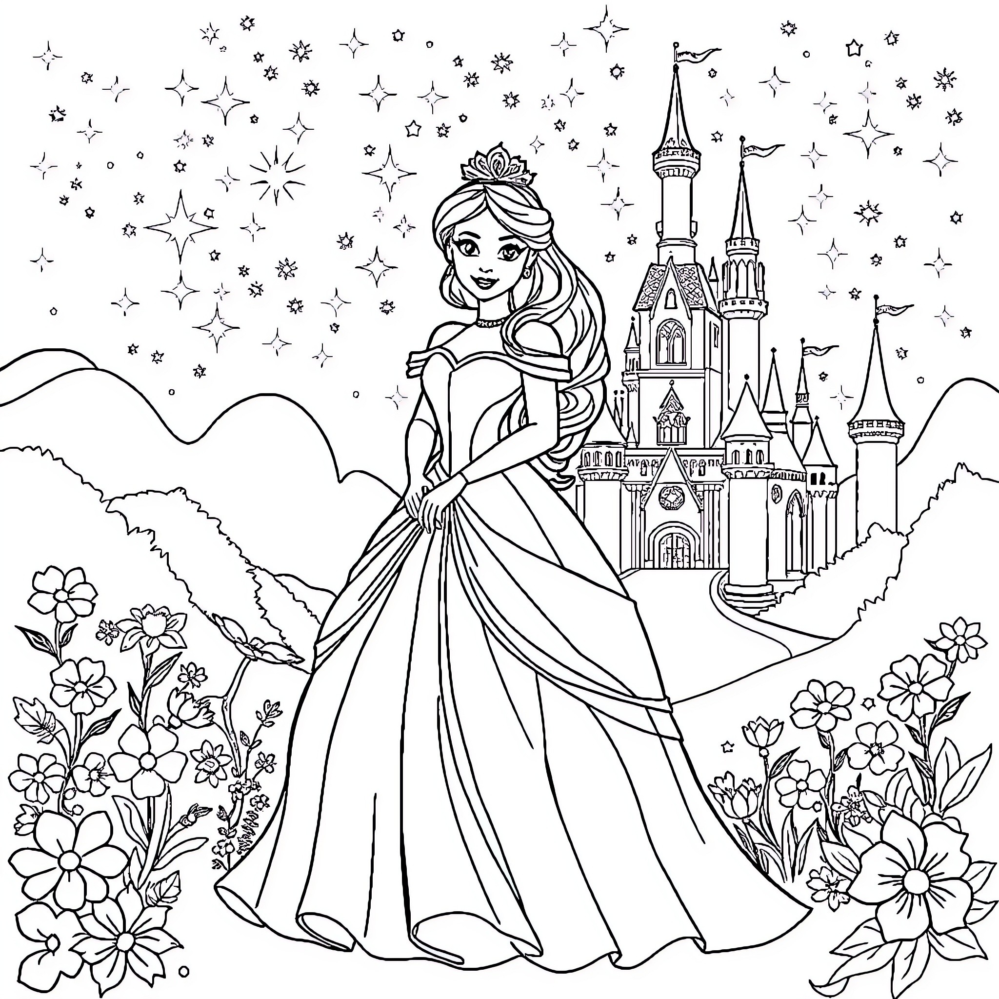 Princess in a Magical Castle Garden Coloring Page (free black-and-white line drawing printable PDF for all, from beginners to advanced learners, including children, teens, adults, and seniors)