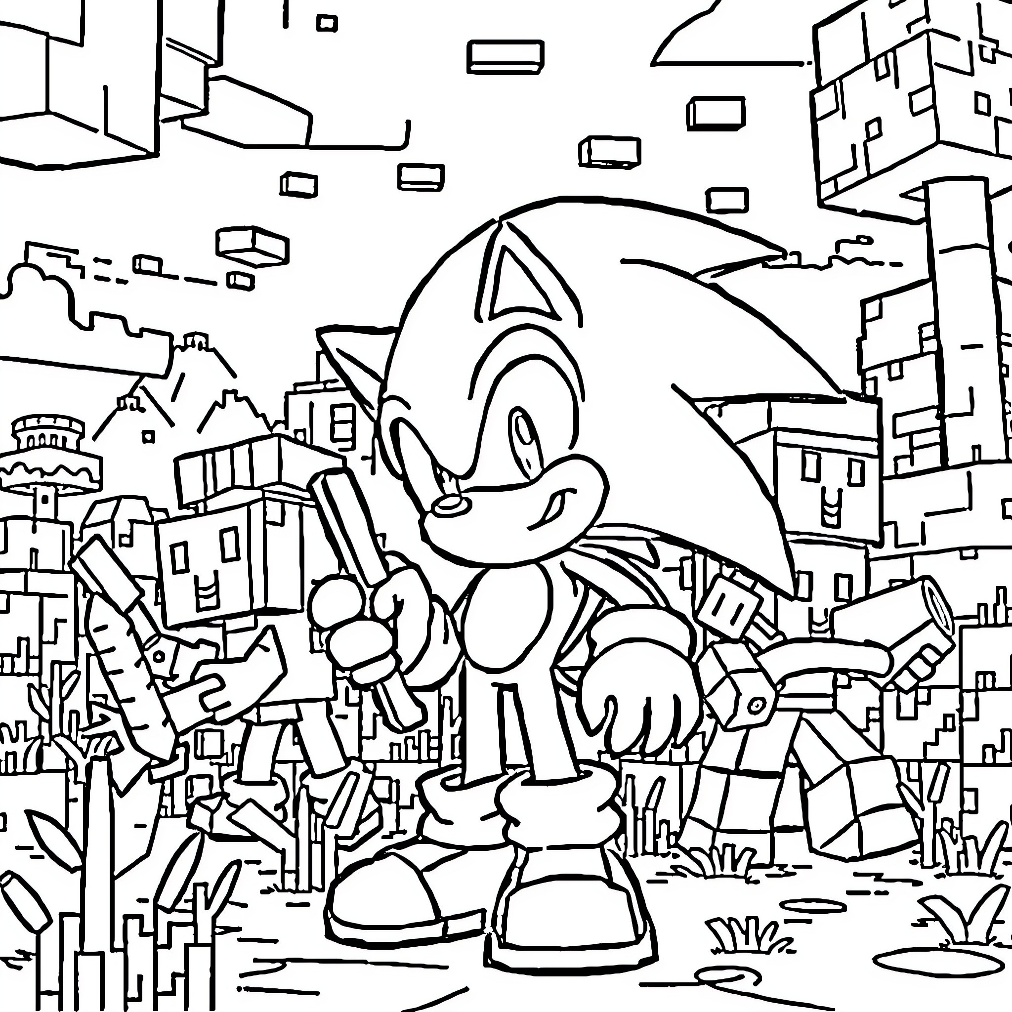 Video Game Character Exploring Vibrant Cityscape Coloring Page (free black-and-white line drawing printable PDF for all, from beginners to advanced learners, including children, teens, adults, and seniors)