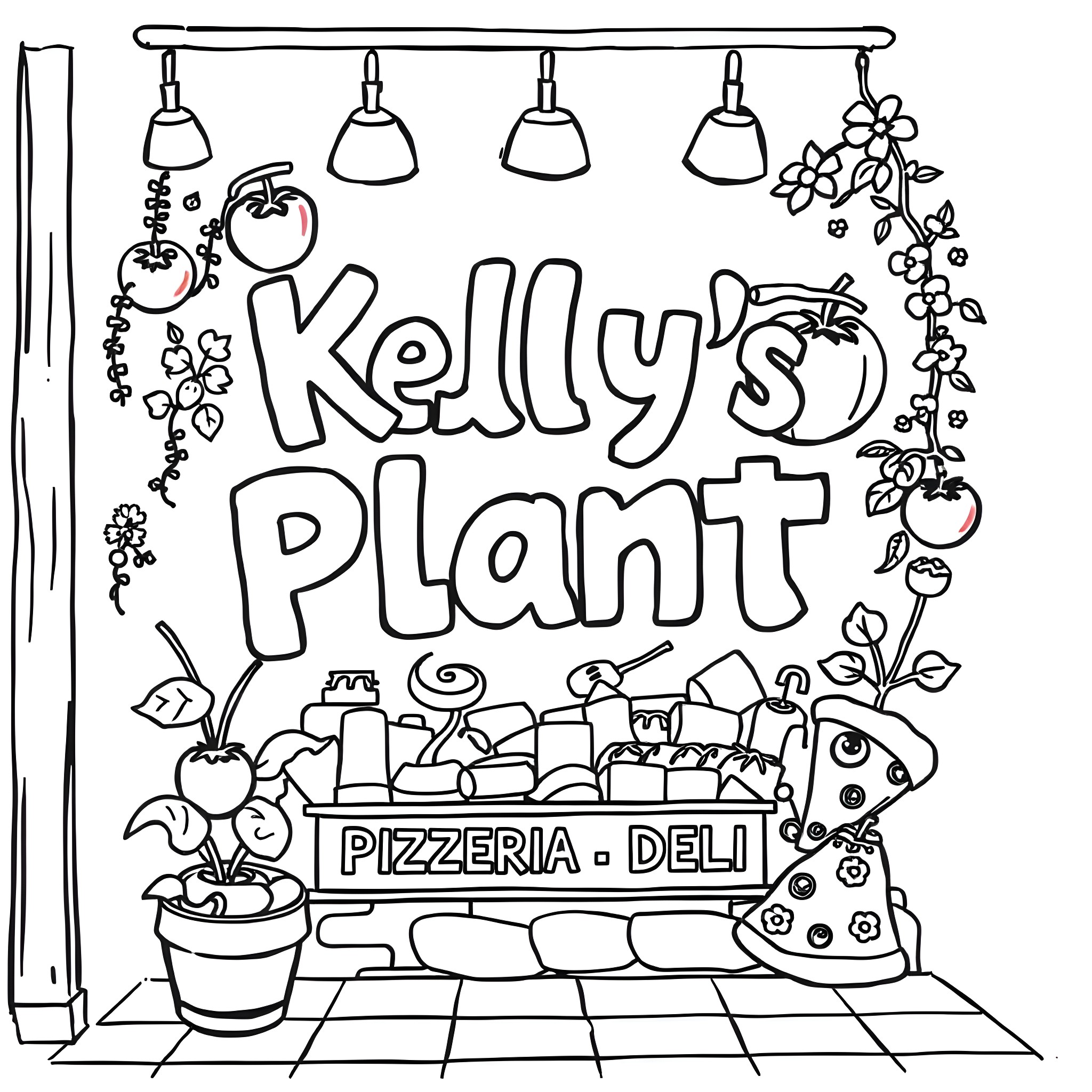 Restaurant with Decorative Plants and Lights Coloring Page (free black-and-white line drawing printable PDF for all, from beginners to advanced learners, including children, teens, adults, and seniors)