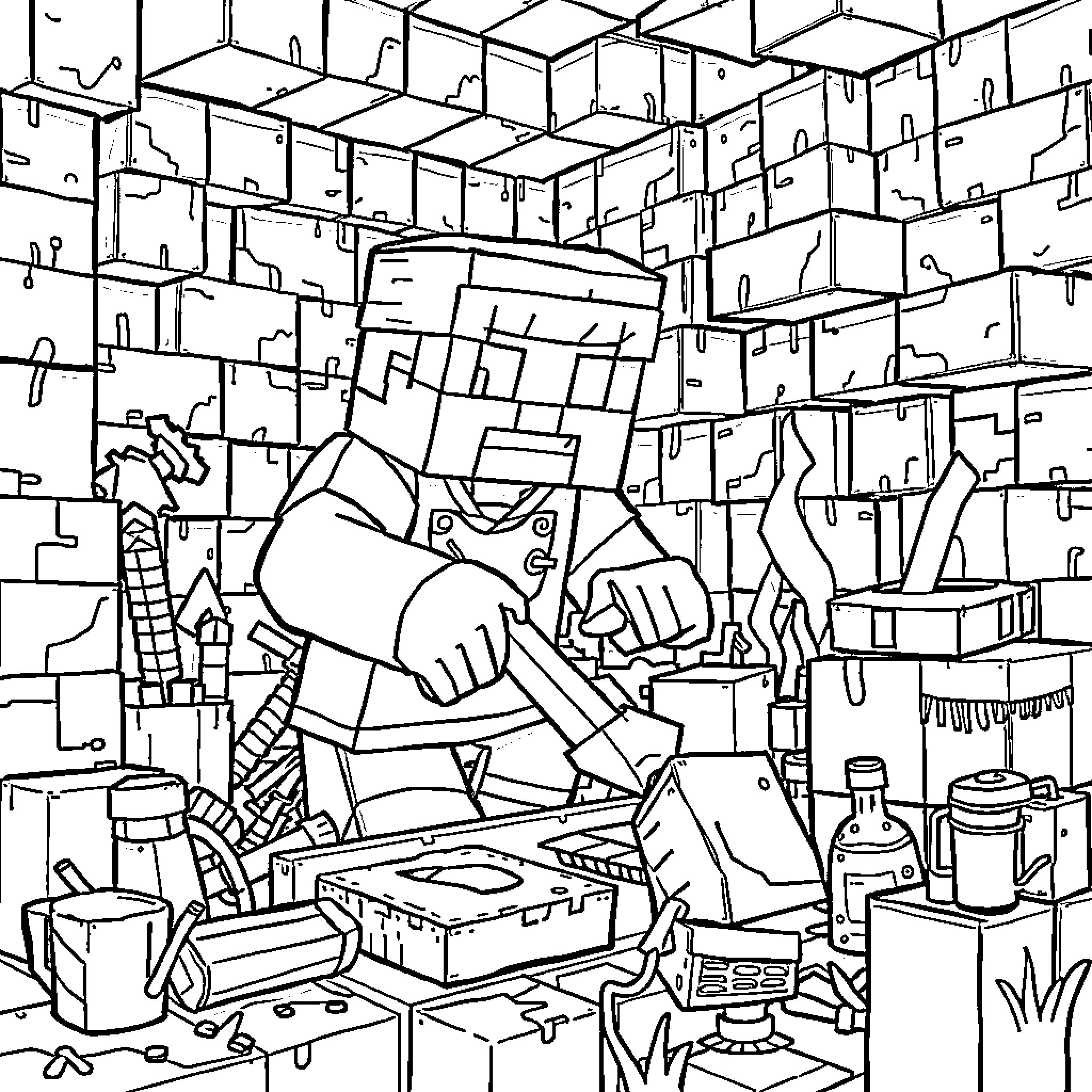 Minecraft character mining blocks in a cluttered room Coloring Page (free black-and-white line drawing printable PDF for all, from beginners to advanced learners, including children, teens, adults, and seniors)
