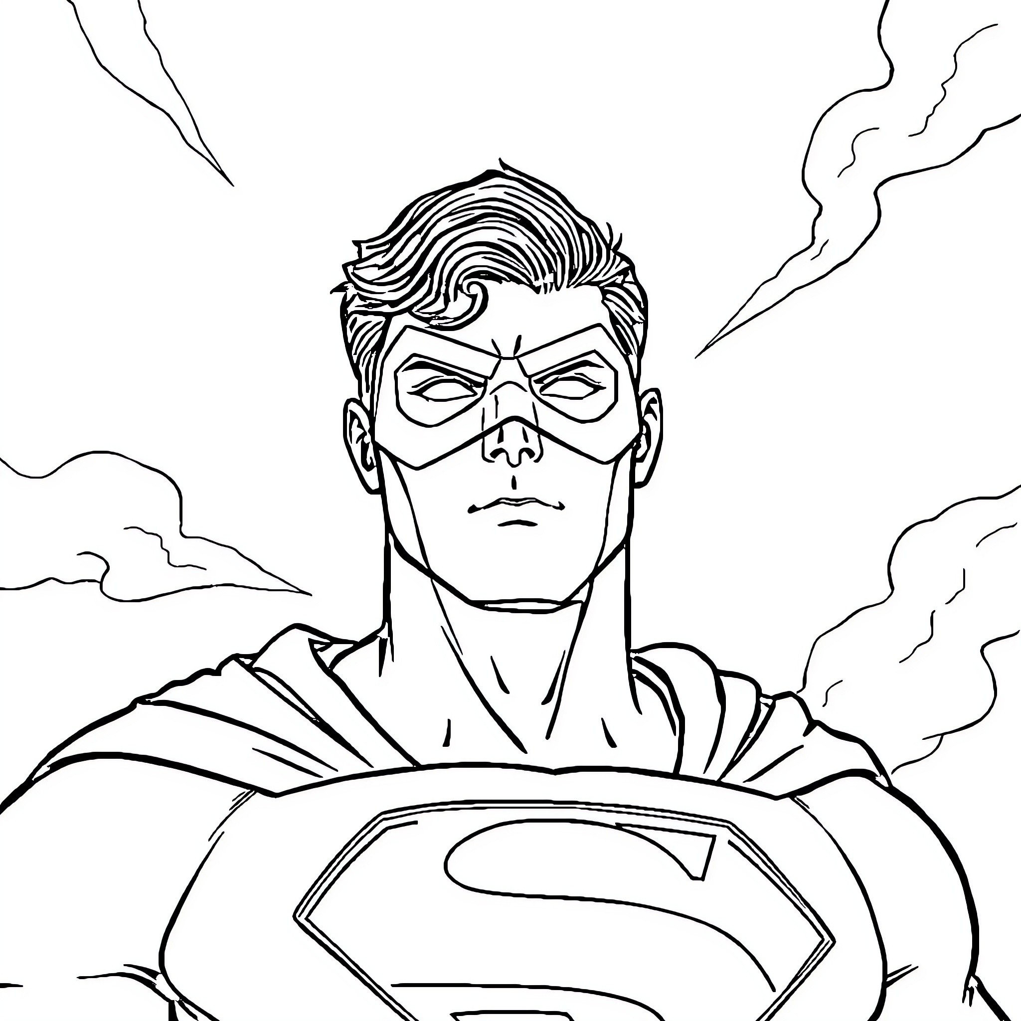Superman in heroic pose facing challenges Coloring Page (free black-and-white line drawing printable PDF for all, from beginners to advanced learners, including children, teens, adults, and seniors)