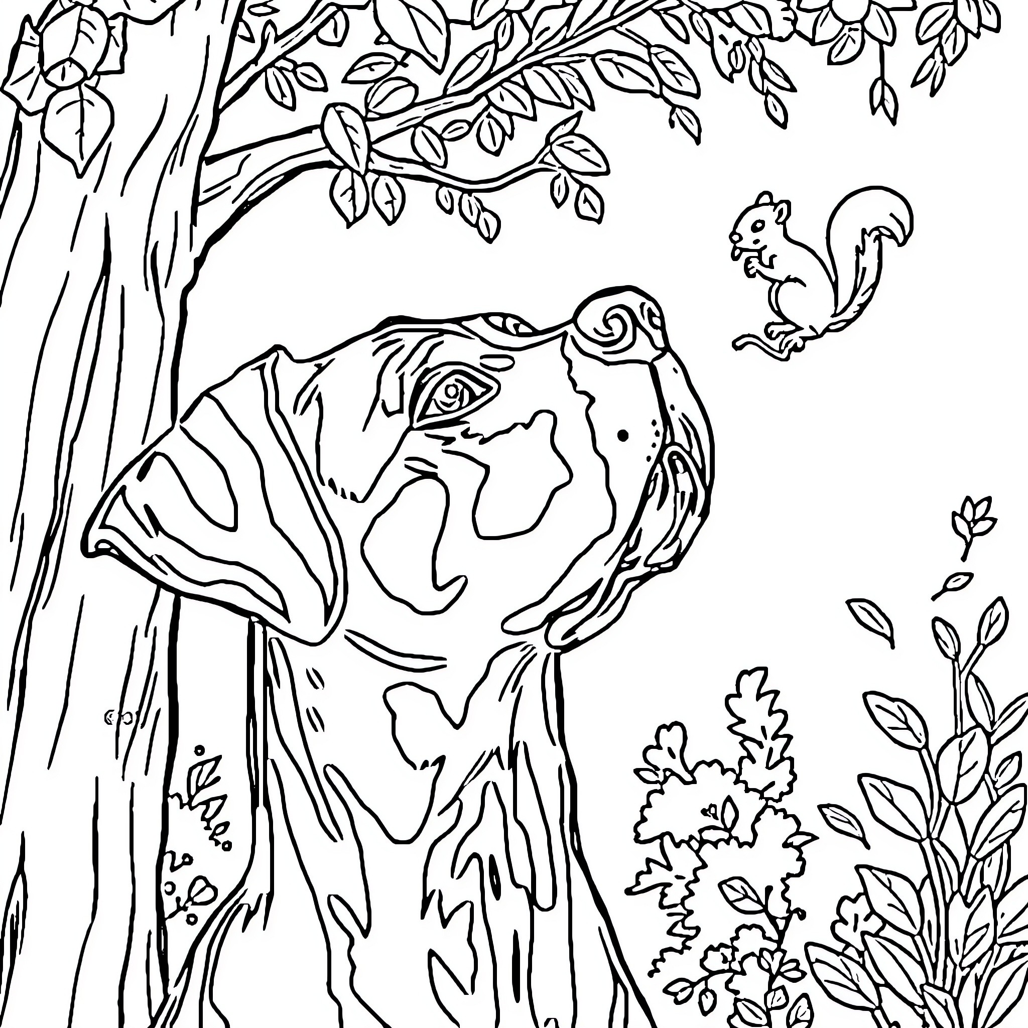 Pointer: Peaceful woodland scene with curious animals Coloring Page (free black-and-white line drawing printable PDF for all, from beginners to advanced learners, including children, teens, adults, and seniors)