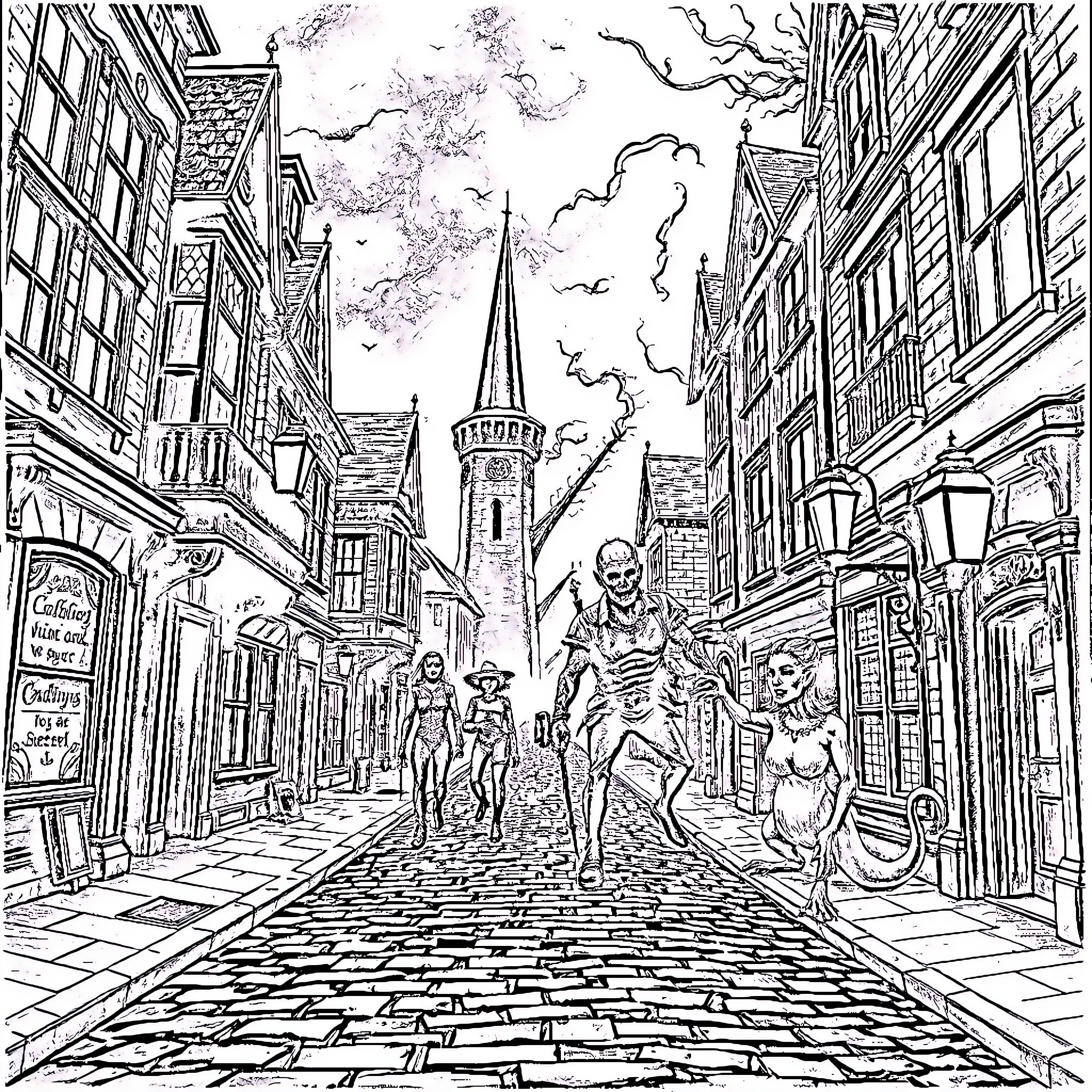 Monster Skeletons Invade the Medieval Town Coloring Page (free black-and-white line drawing printable PDF for all, from beginners to advanced learners, including children, teens, adults, and seniors)