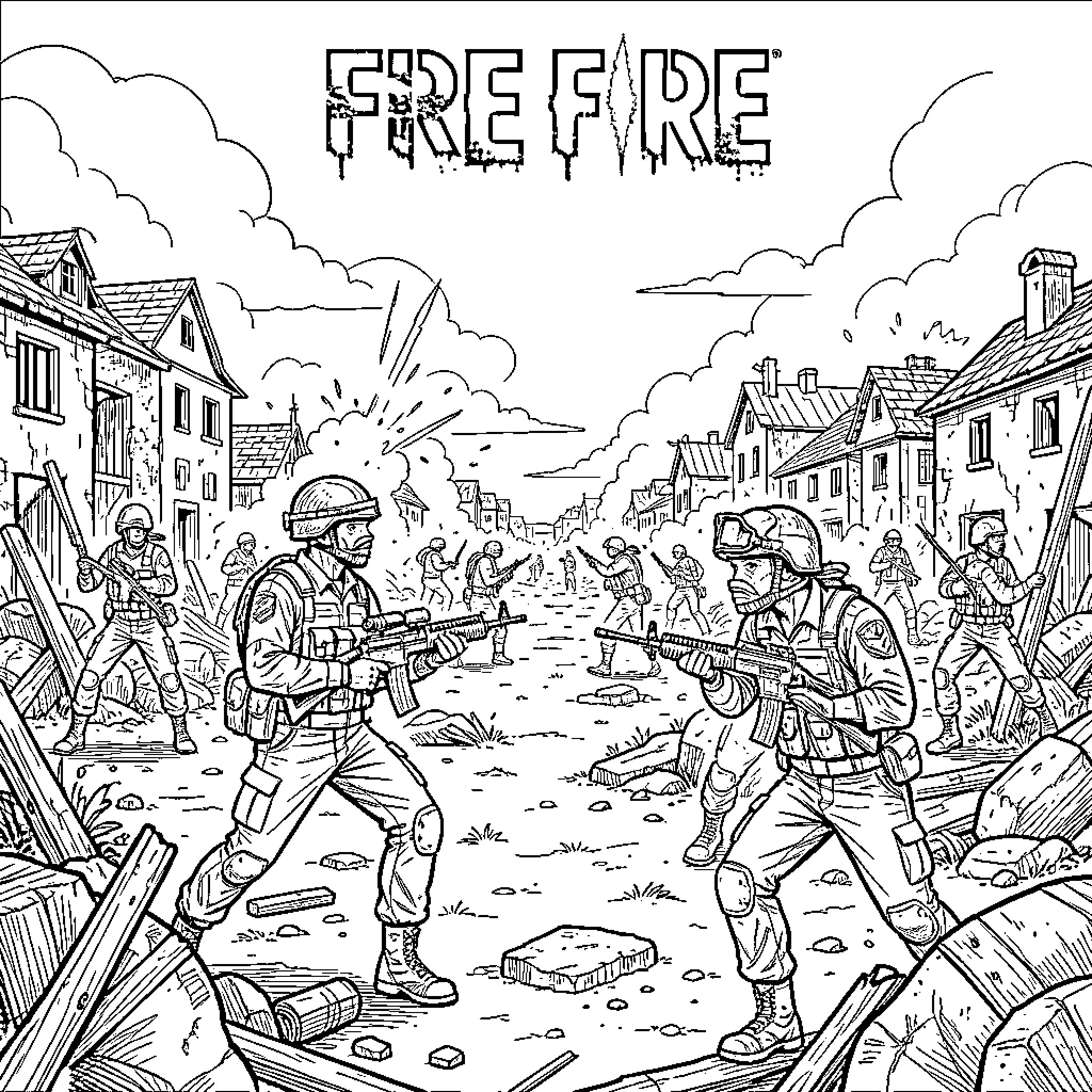 Free Fire soldiers engaged in intense battlefield combat Coloring Page (free black-and-white line drawing printable PDF for all, from beginners to advanced learners, including children, teens, adults, and seniors)