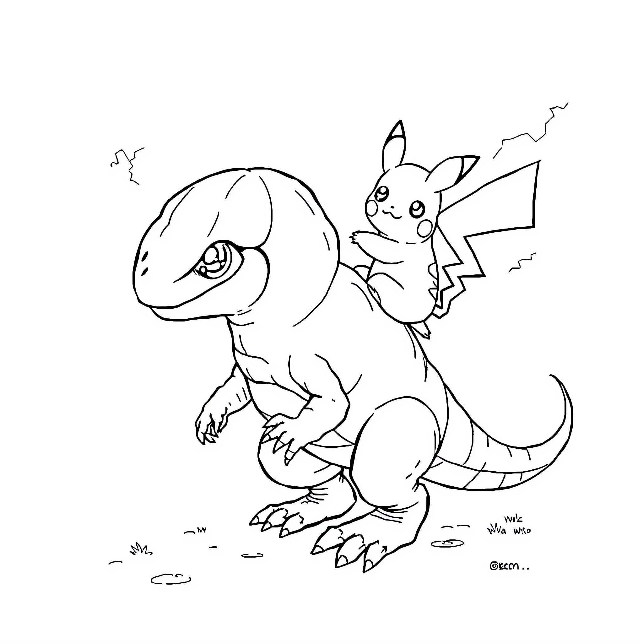 Raptor-inspired Creature with Electric Companion Coloring Page (free black-and-white line drawing printable PDF for all, from beginners to advanced learners, including children, teens, adults, and seniors)