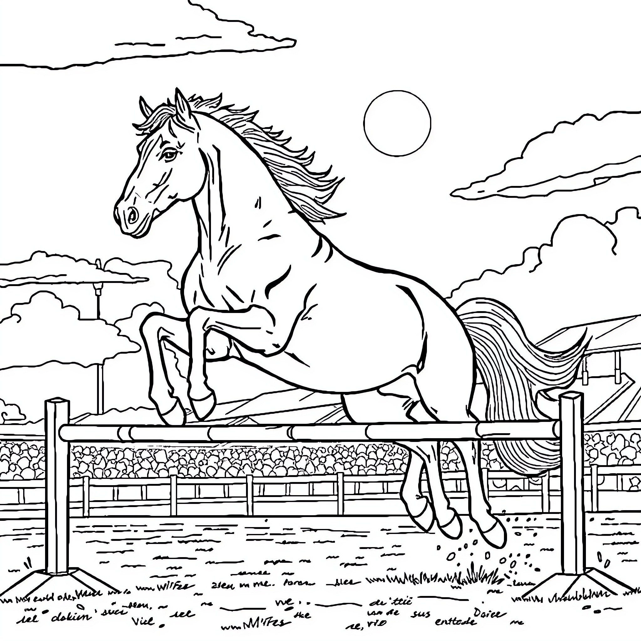 Horse jumping over fence in moonlit meadow Coloring Page (free black-and-white line drawing printable PDF for all, from beginners to advanced learners, including children, teens, adults, and seniors)