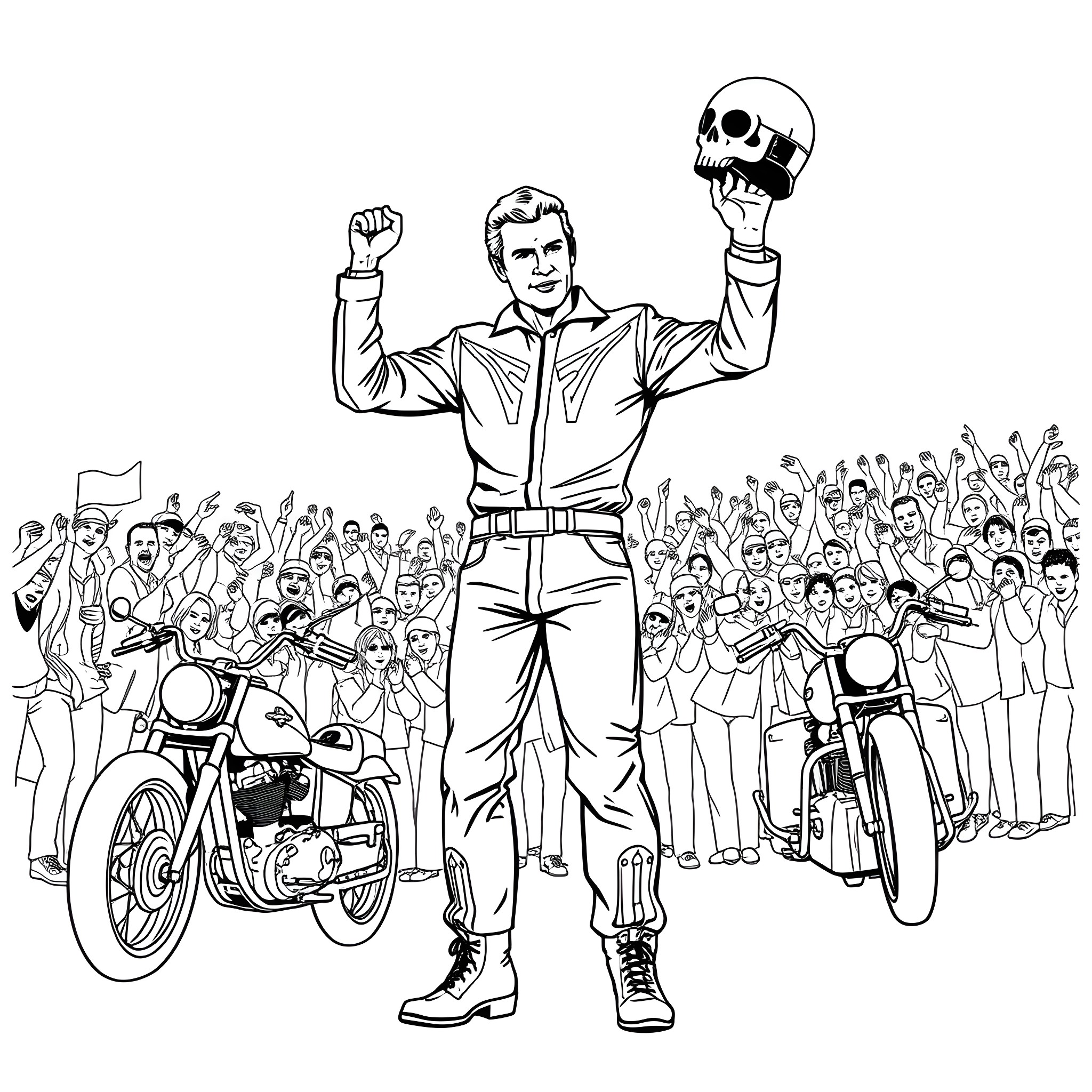 Evel Knievel stuntman performing daring motorbike jump Coloring Page (free black-and-white line drawing printable PDF for all, from beginners to advanced learners, including children, teens, adults, and seniors)