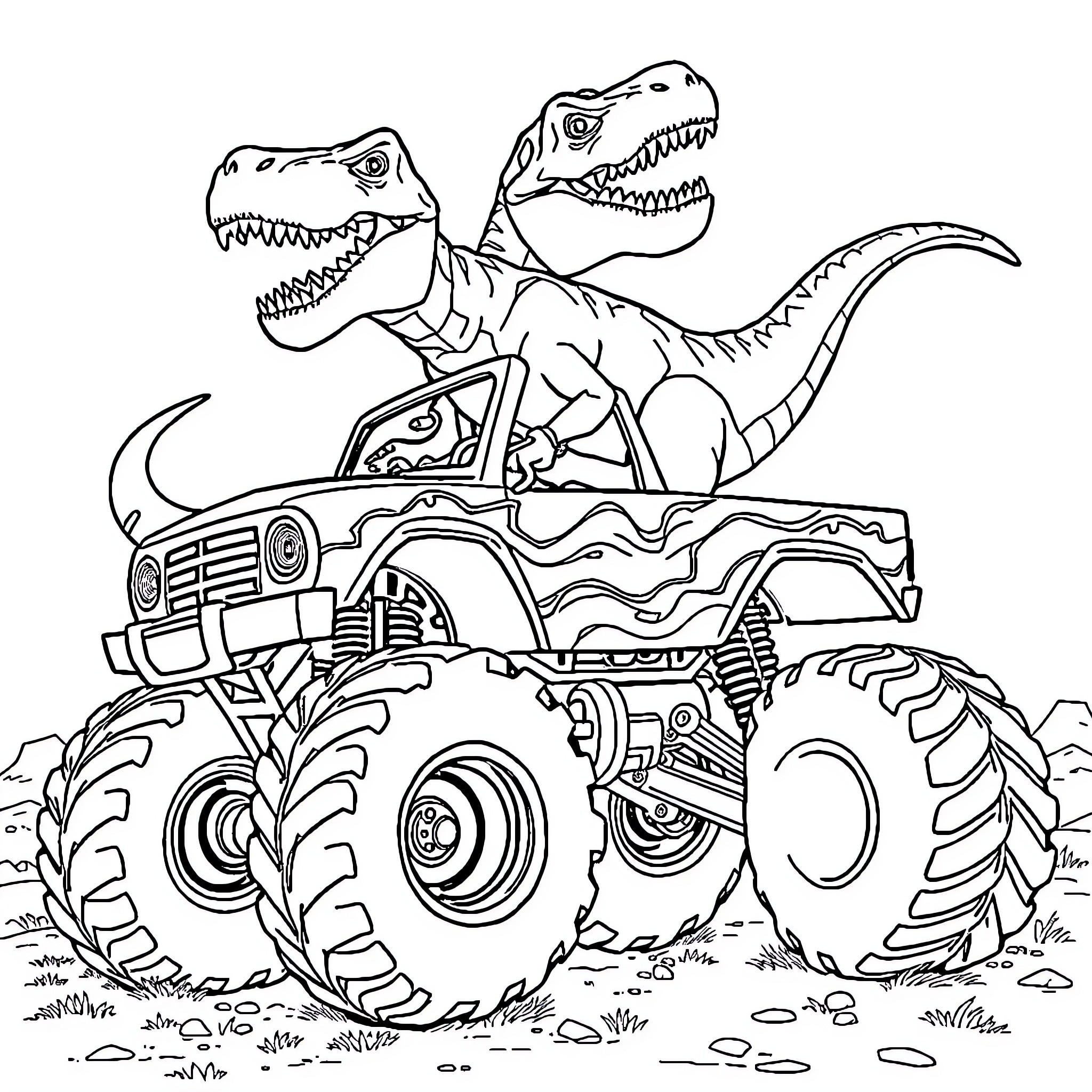 Dinosaur driving a monster truck through the wilderness Coloring Page (free black-and-white line drawing printable PDF for all, from beginners to advanced learners, including children, teens, adults, and seniors)
