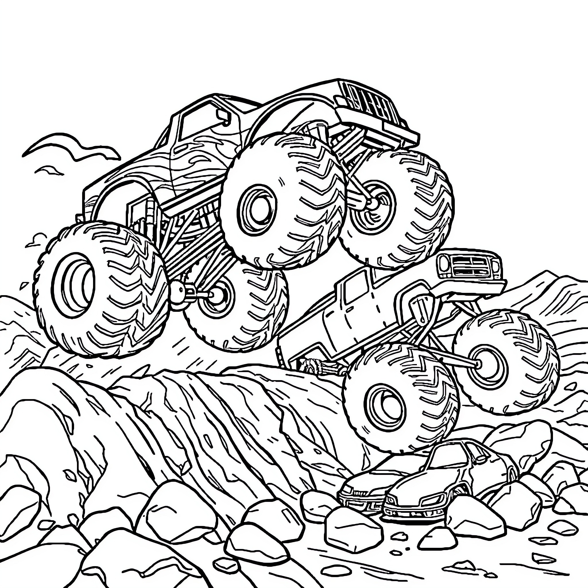 Monster Truck Crushing Obstacles in Off-Road Adventure Coloring Page (free black-and-white line drawing printable PDF for all, from beginners to advanced learners, including children, teens, adults, and seniors)