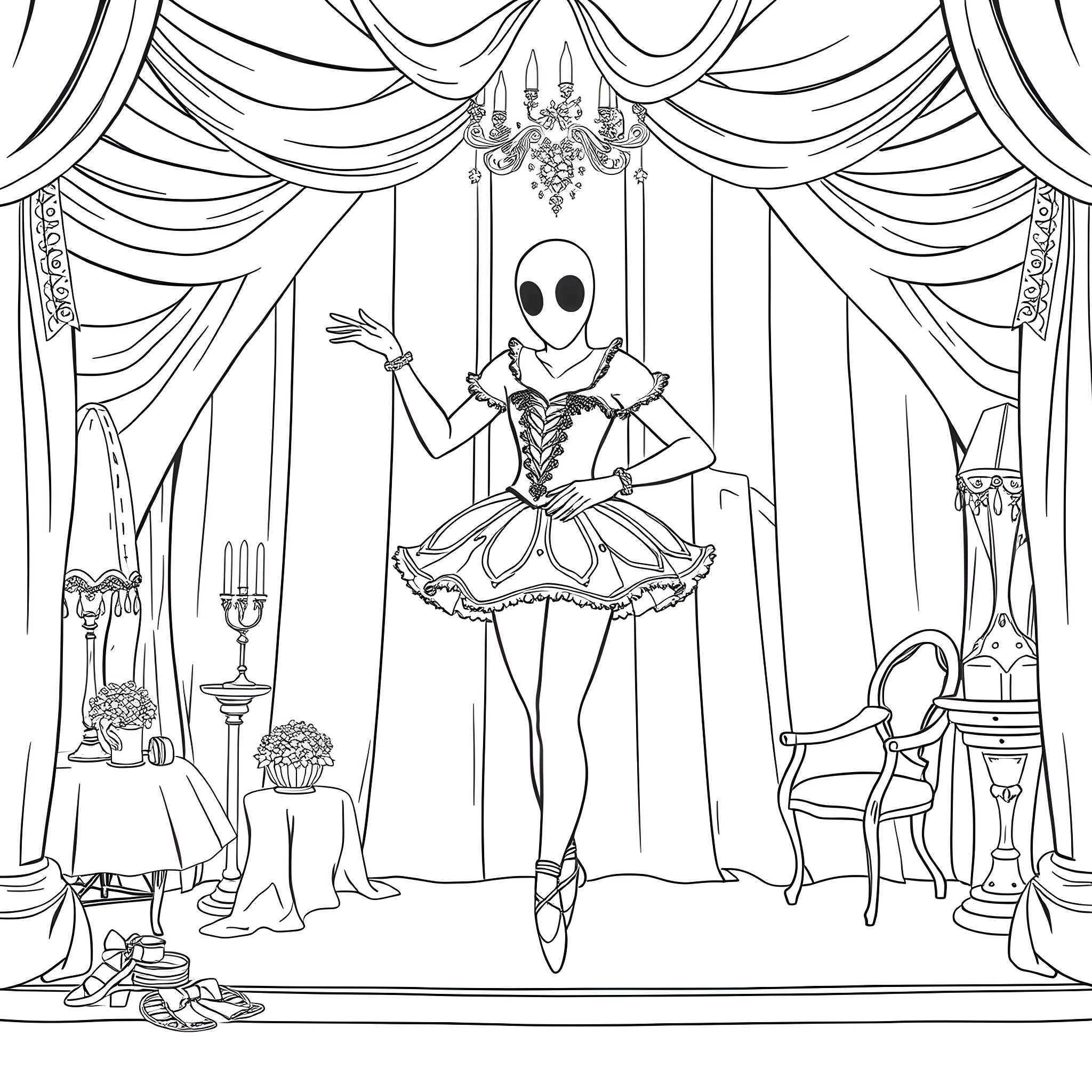 Ghost ballerina performing on stage with theatrical curtains Coloring Page (free black-and-white line drawing printable PDF for all, from beginners to advanced learners, including children, teens, adults, and seniors)