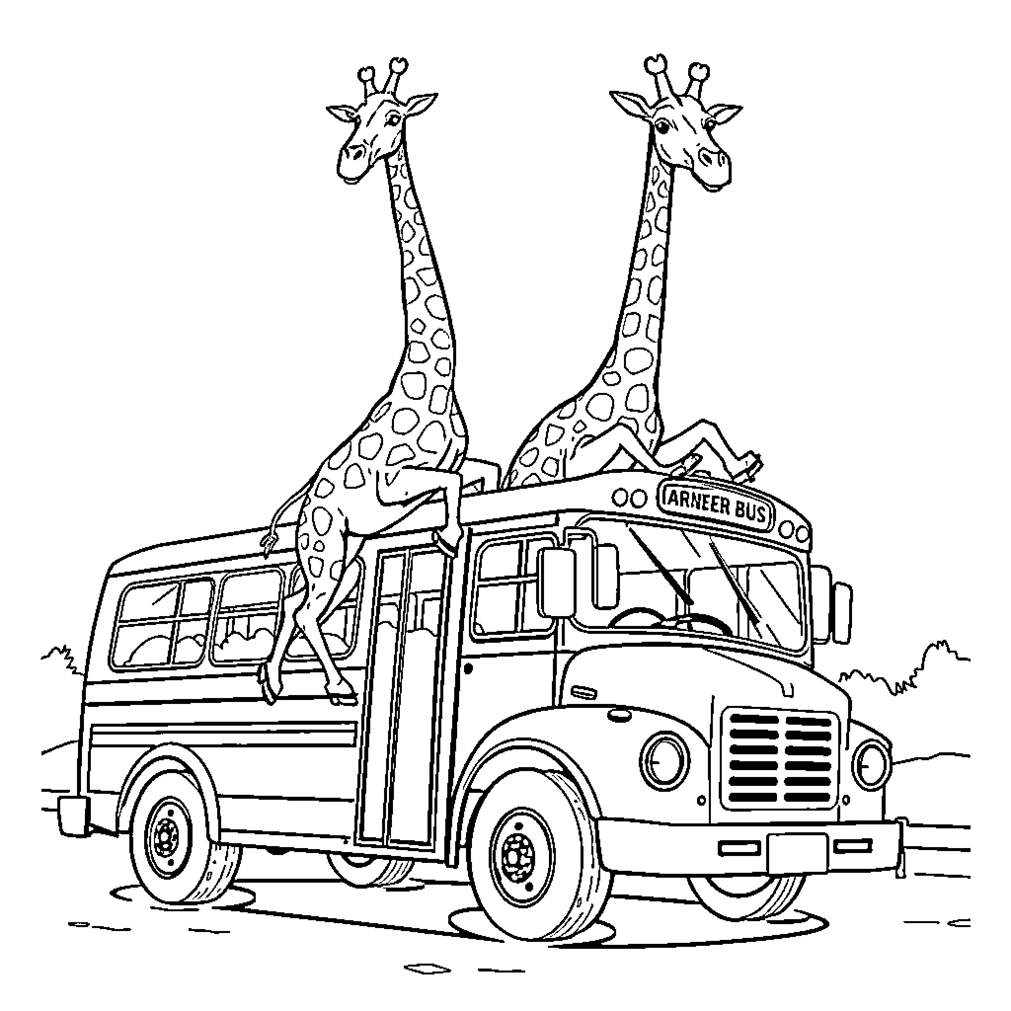 Giraffe friends riding the school bus Coloring Page (free black-and-white line drawing printable PDF for all, from beginners to advanced learners, including children, teens, adults, and seniors)