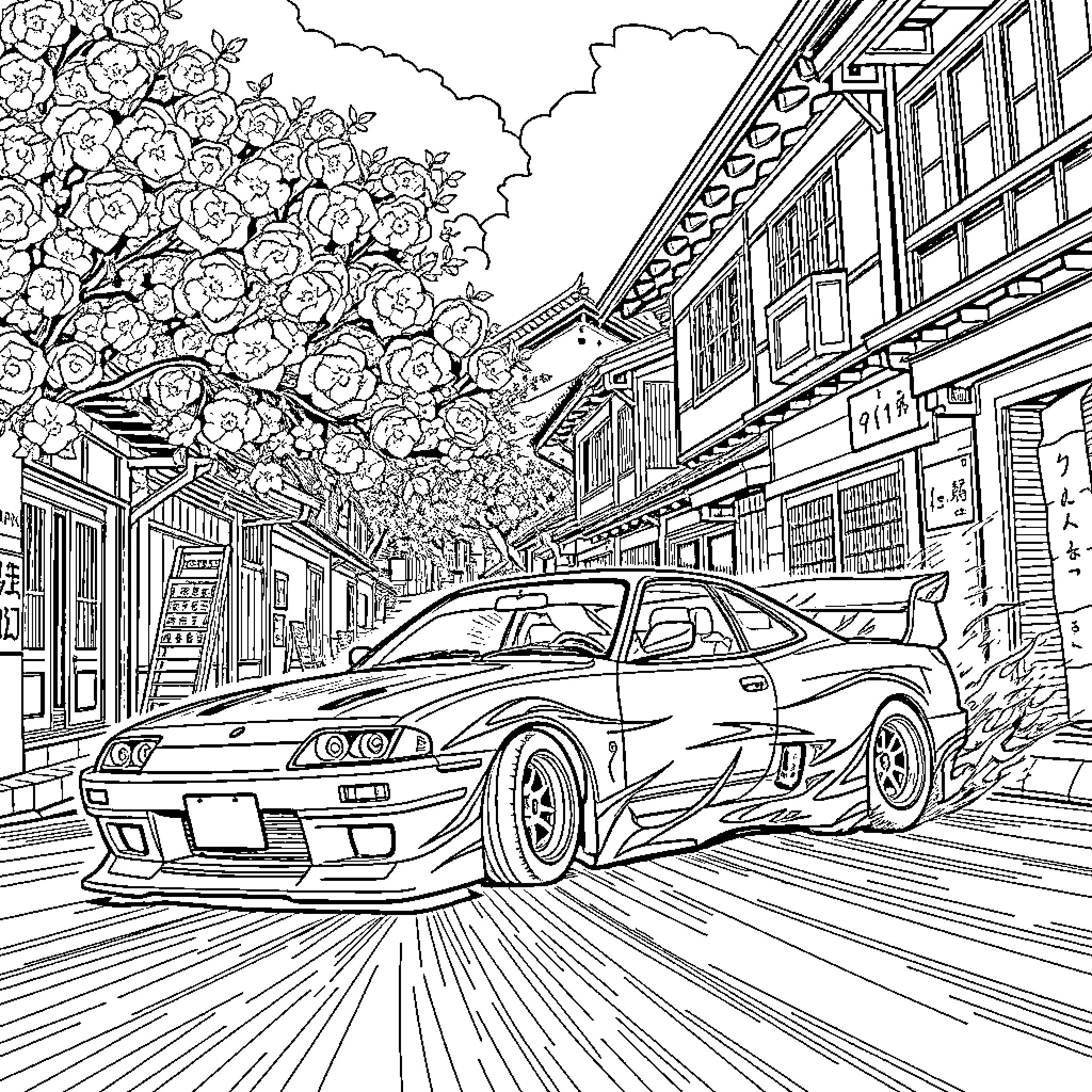 Drift Car racing through a cherry blossom-lined street Coloring Page (free black-and-white line drawing printable PDF for all, from beginners to advanced learners, including children, teens, adults, and seniors)
