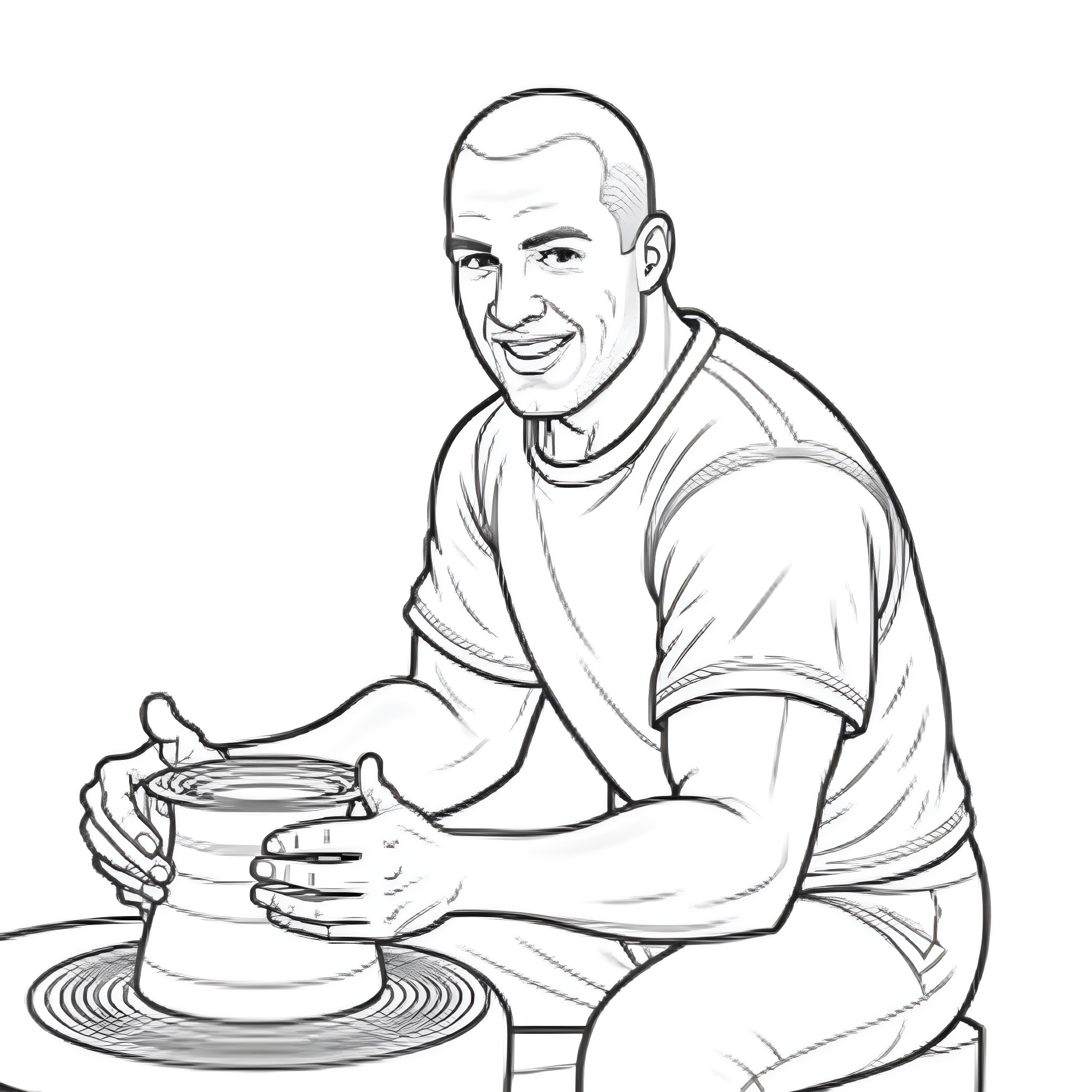 Steve Austin sculpting a clay pot with focus Coloring Page (free black-and-white line drawing printable PDF for all, from beginners to advanced learners, including children, teens, adults, and seniors)