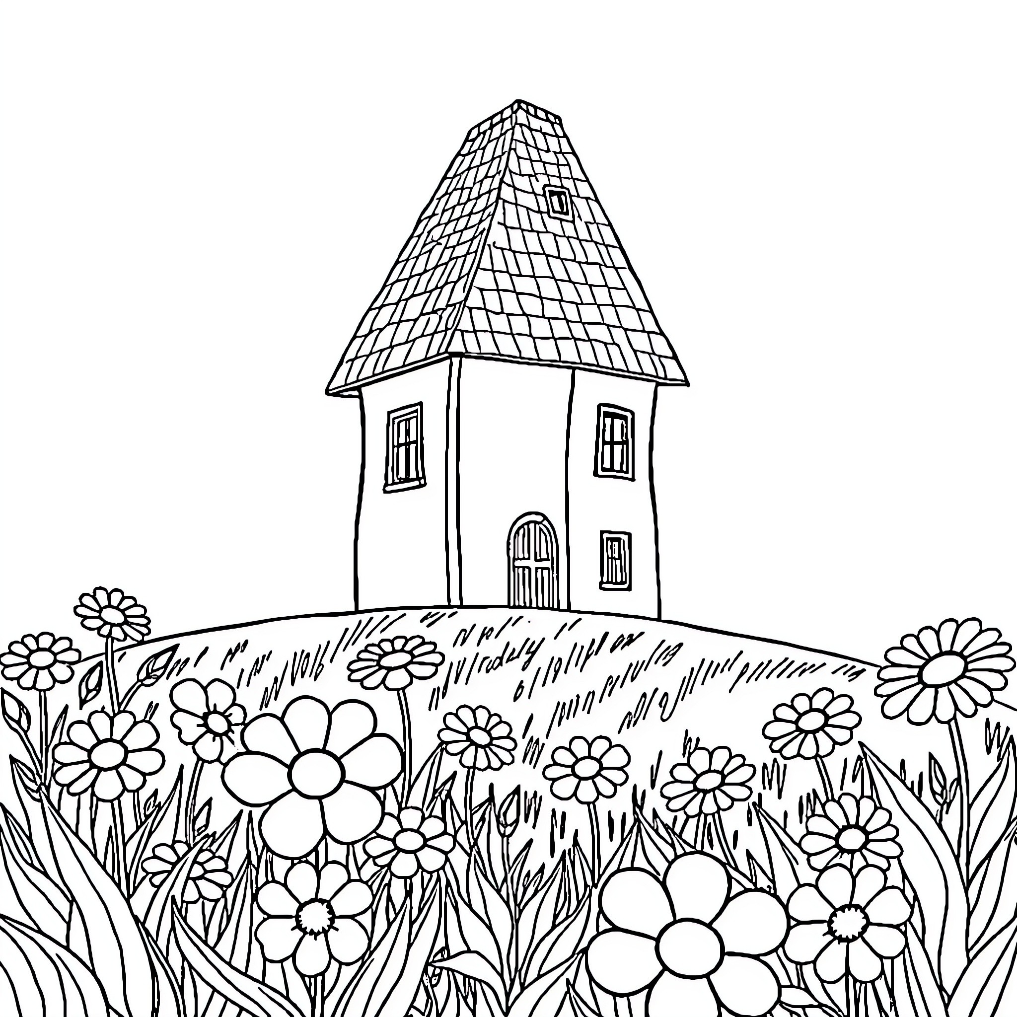 House with Flowers in the Garden Coloring Page (free black-and-white line drawing printable PDF for all, from beginners to advanced learners, including children, teens, adults, and seniors)