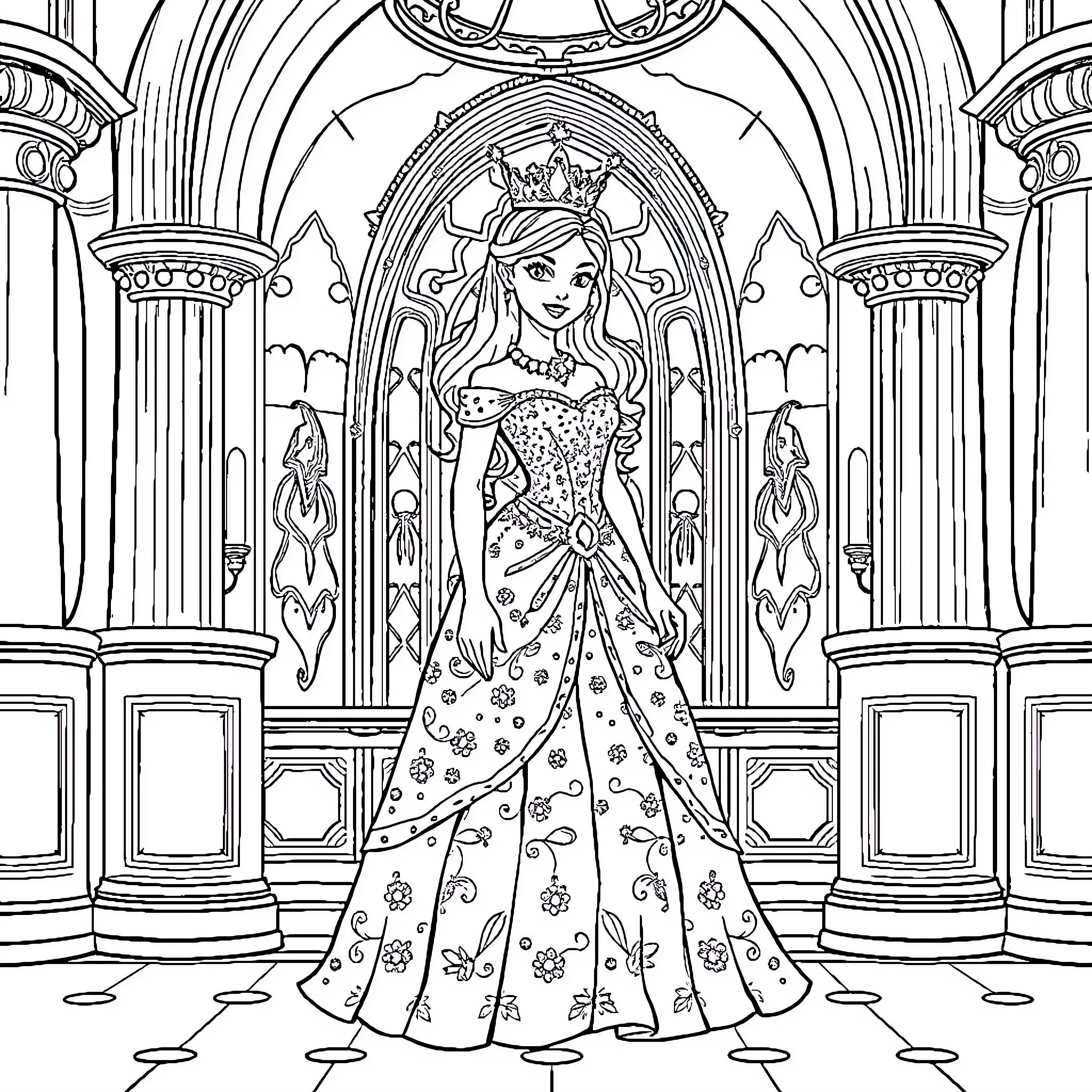 Princess in a Regal Ballroom Setting Coloring Page (free black-and-white line drawing printable PDF for all, from beginners to advanced learners, including children, teens, adults, and seniors)