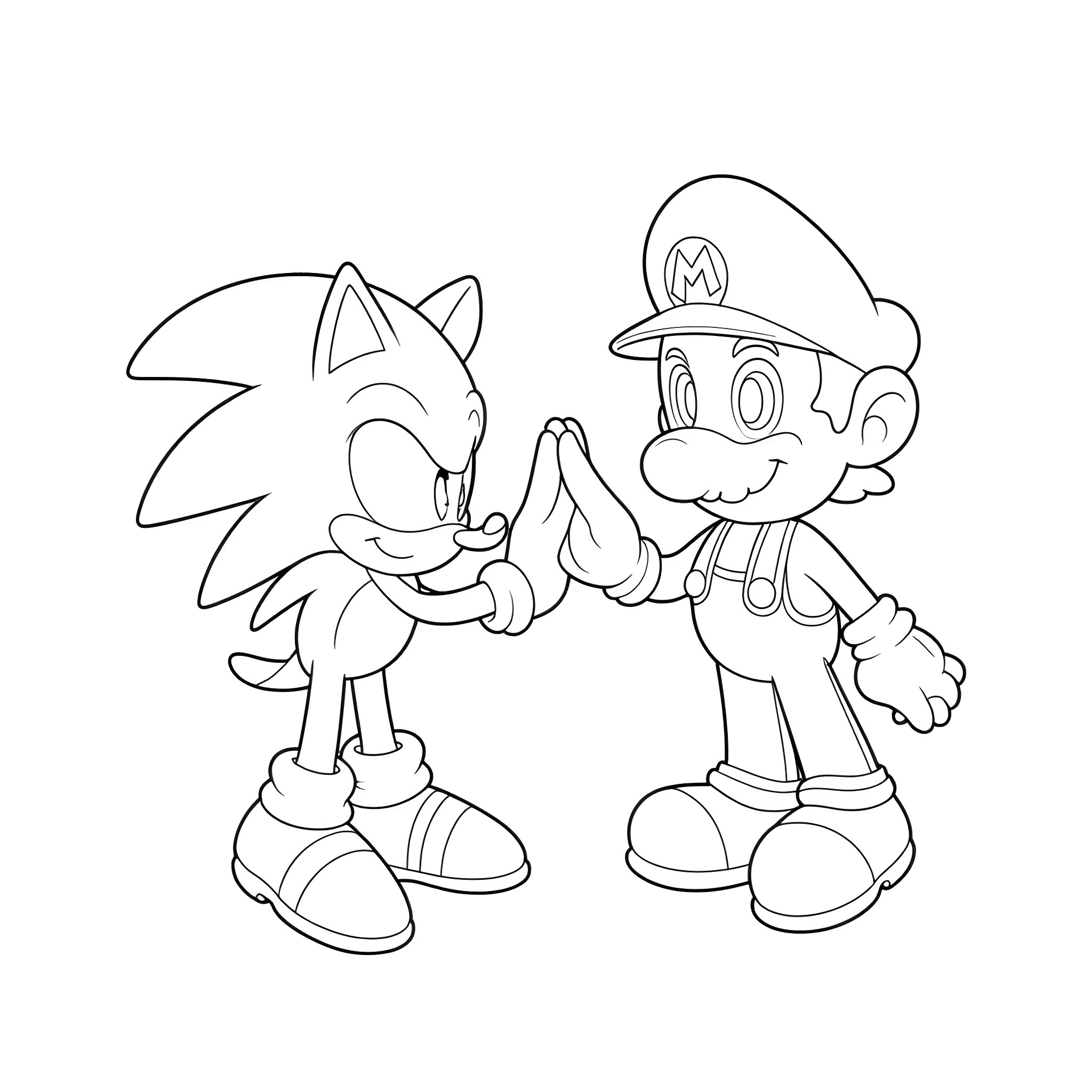 Sonic and Mario shaking hands in friendship Coloring Page (free black-and-white line drawing printable PDF for all, from beginners to advanced learners, including children, teens, adults, and seniors)