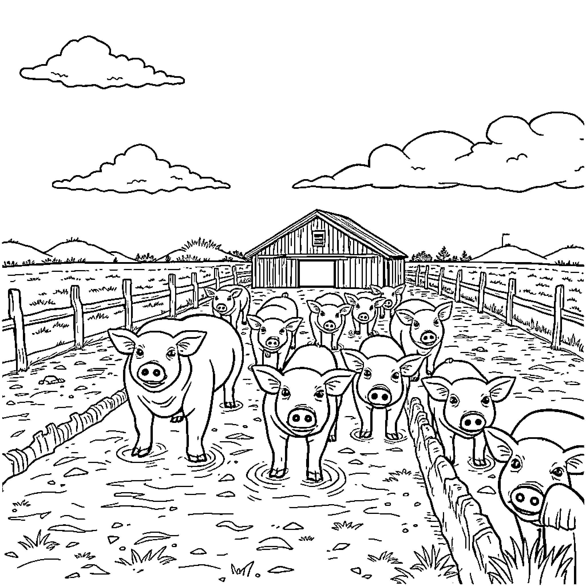 Pig farm with happy piglets in the field Coloring Page (free black-and-white line drawing printable PDF for all, from beginners to advanced learners, including children, teens, adults, and seniors)
