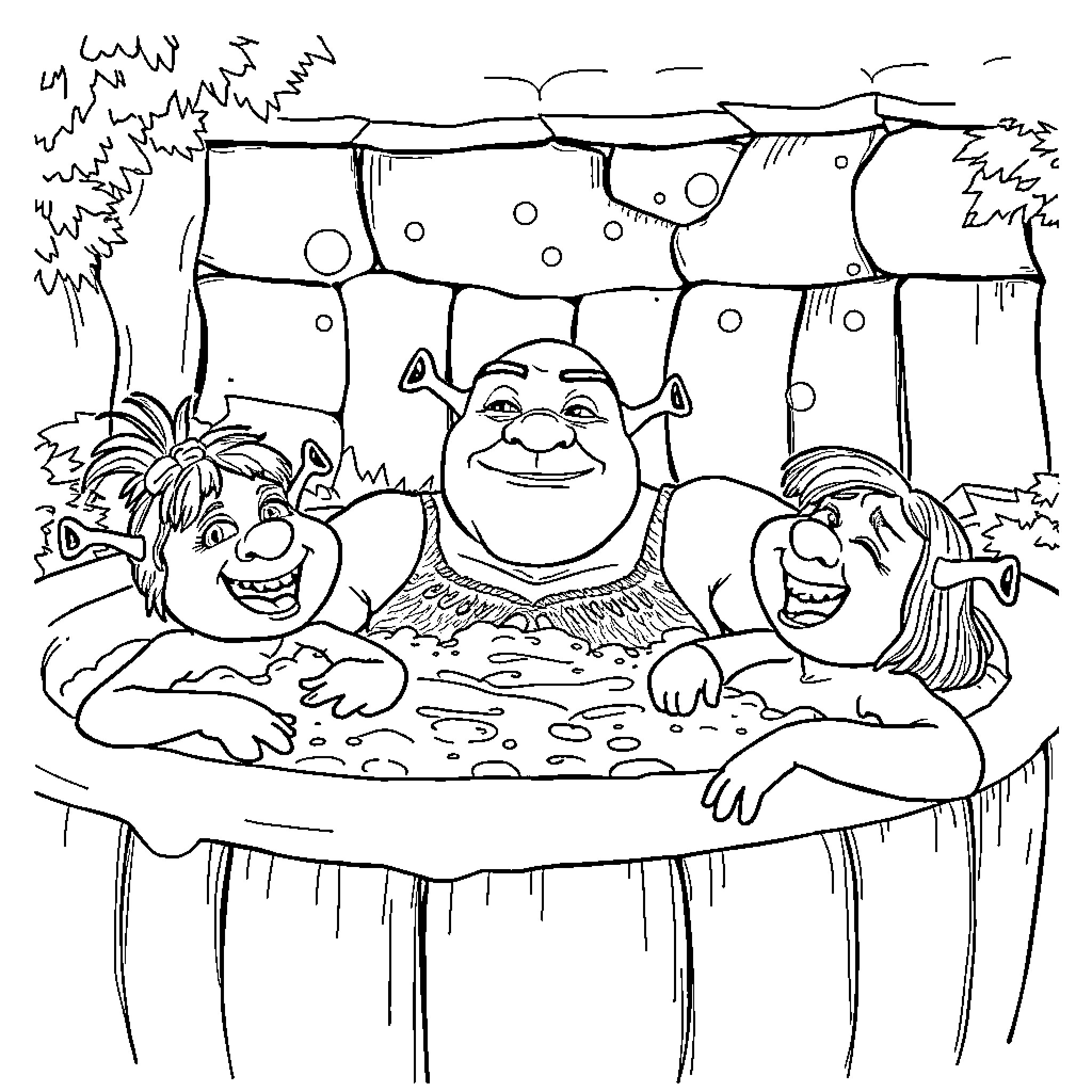 Shrek and friends enjoying a relaxing bath Coloring Page (free black-and-white line drawing printable PDF for all, from beginners to advanced learners, including children, teens, adults, and seniors)