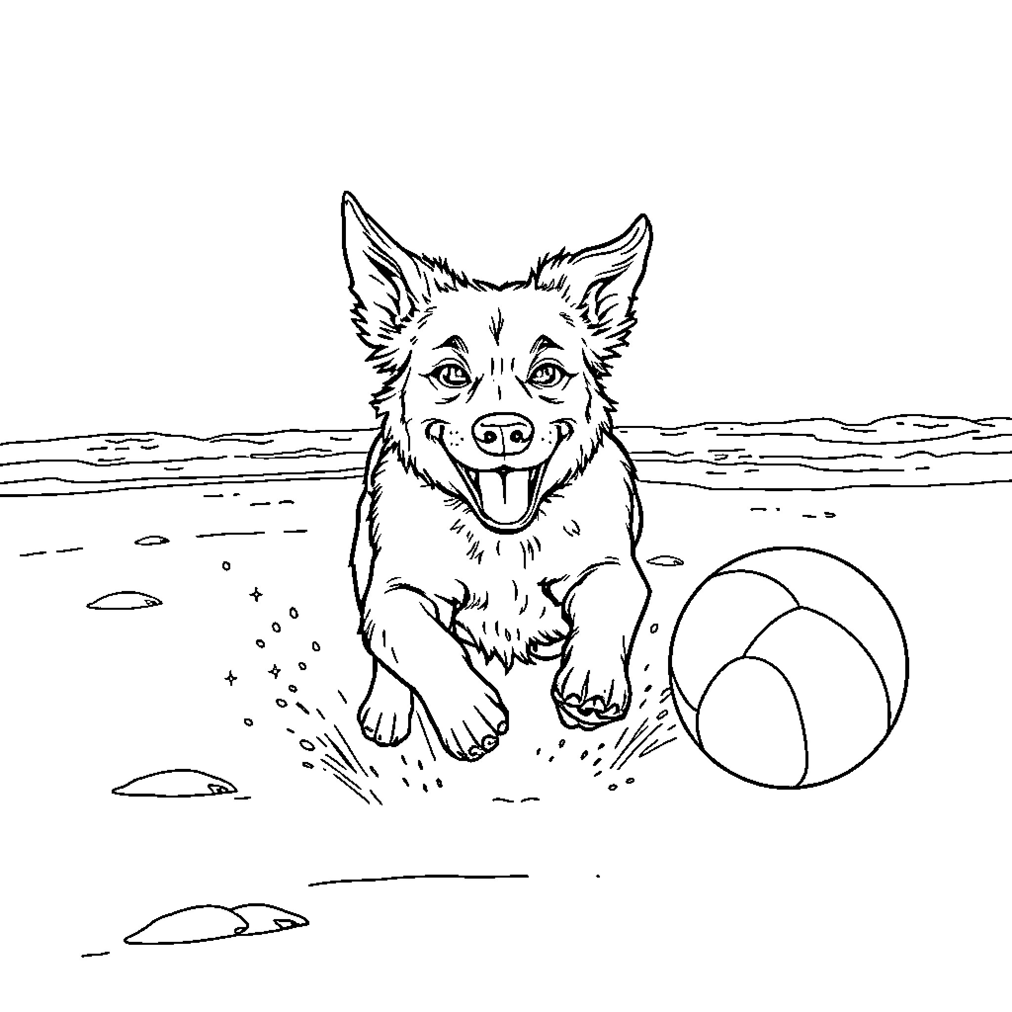 Dog playing happily with beach ball on the shore Coloring Page (free black-and-white line drawing printable PDF for all, from beginners to advanced learners, including children, teens, adults, and seniors)