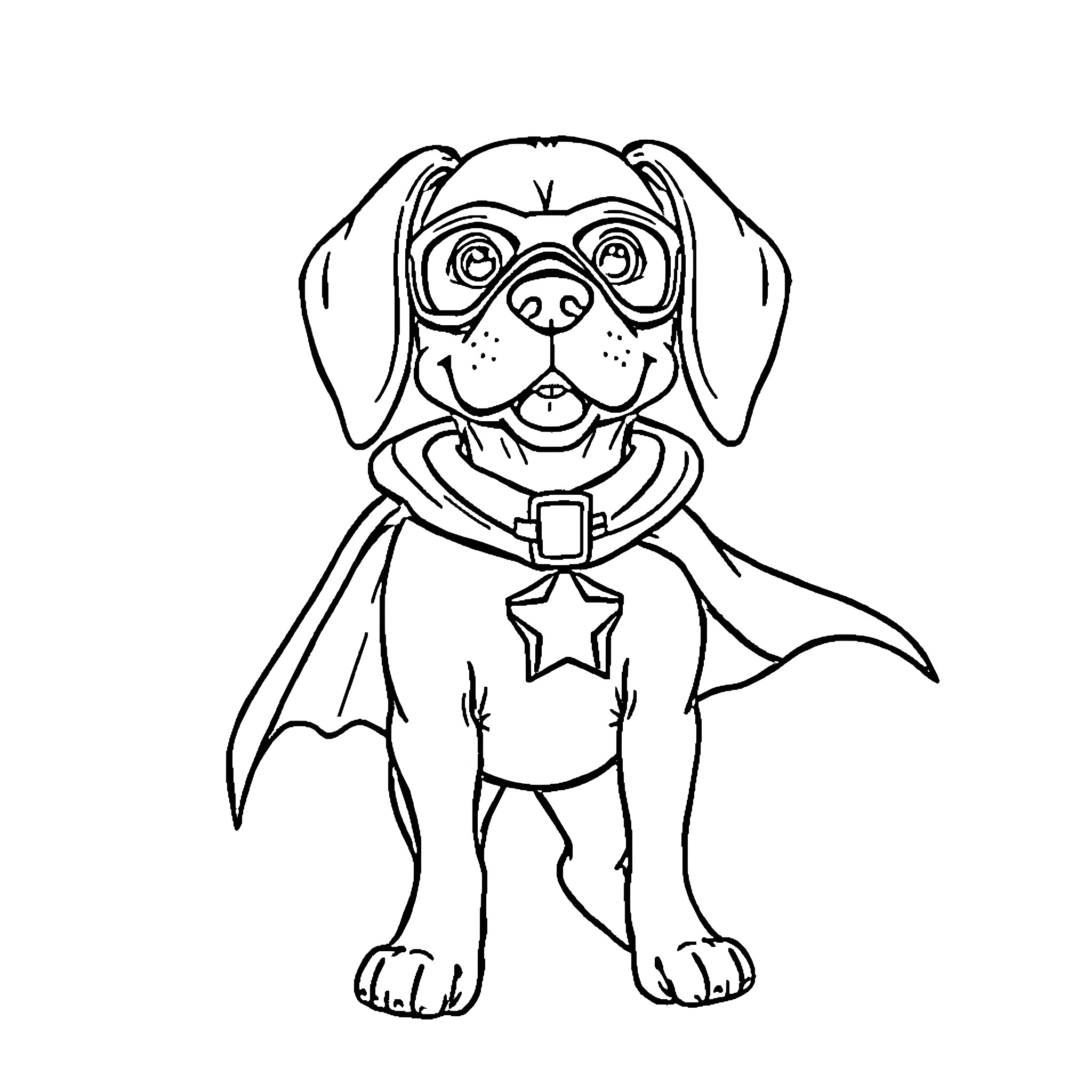 Beagle dressed as superhero with goggles Coloring Page (free black-and-white line drawing printable PDF for all, from beginners to advanced learners, including children, teens, adults, and seniors)